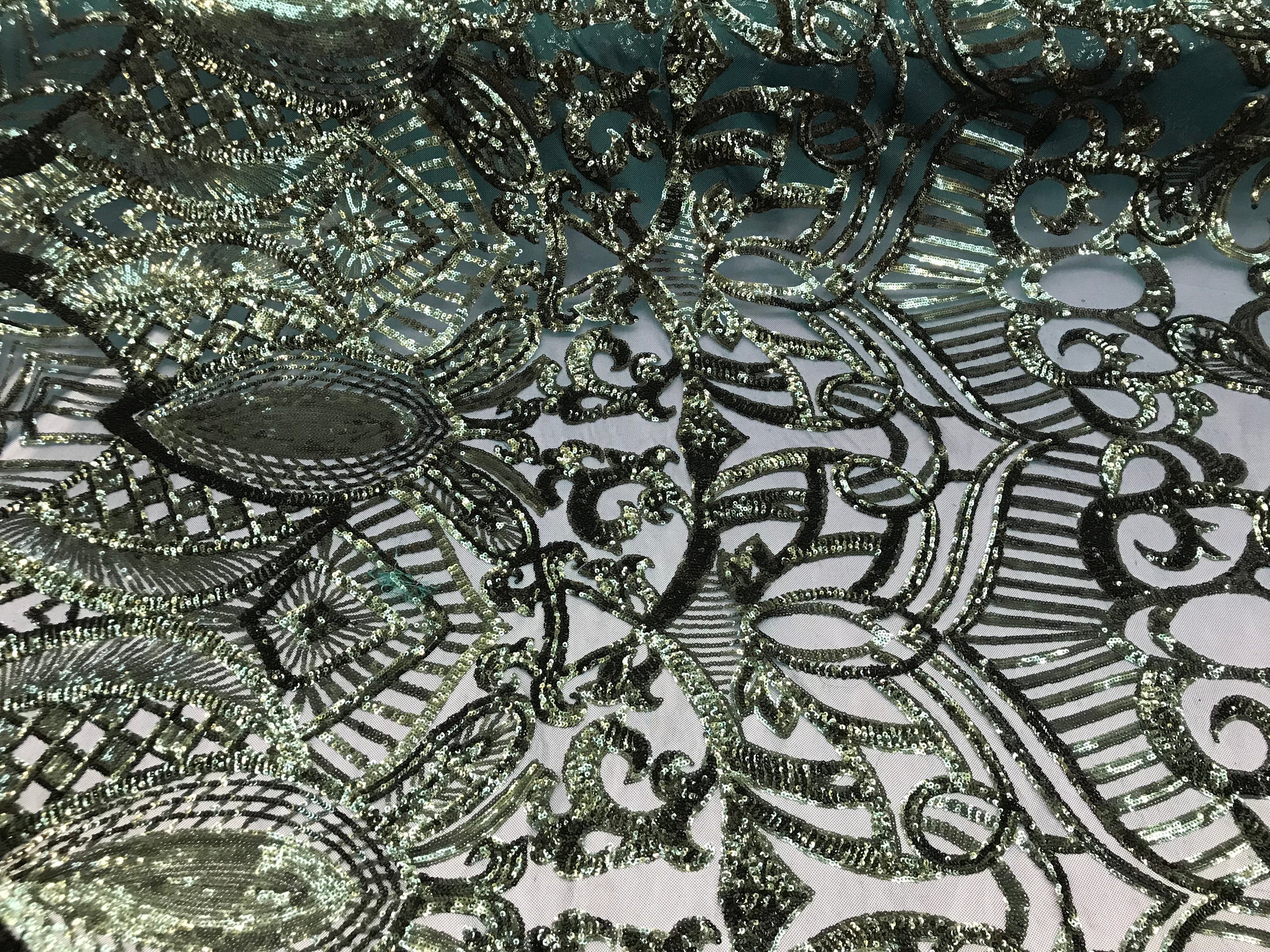 Hunter Green - 4 Way Stretch Embroidered Royalty Sequins Design Fabric By Yard