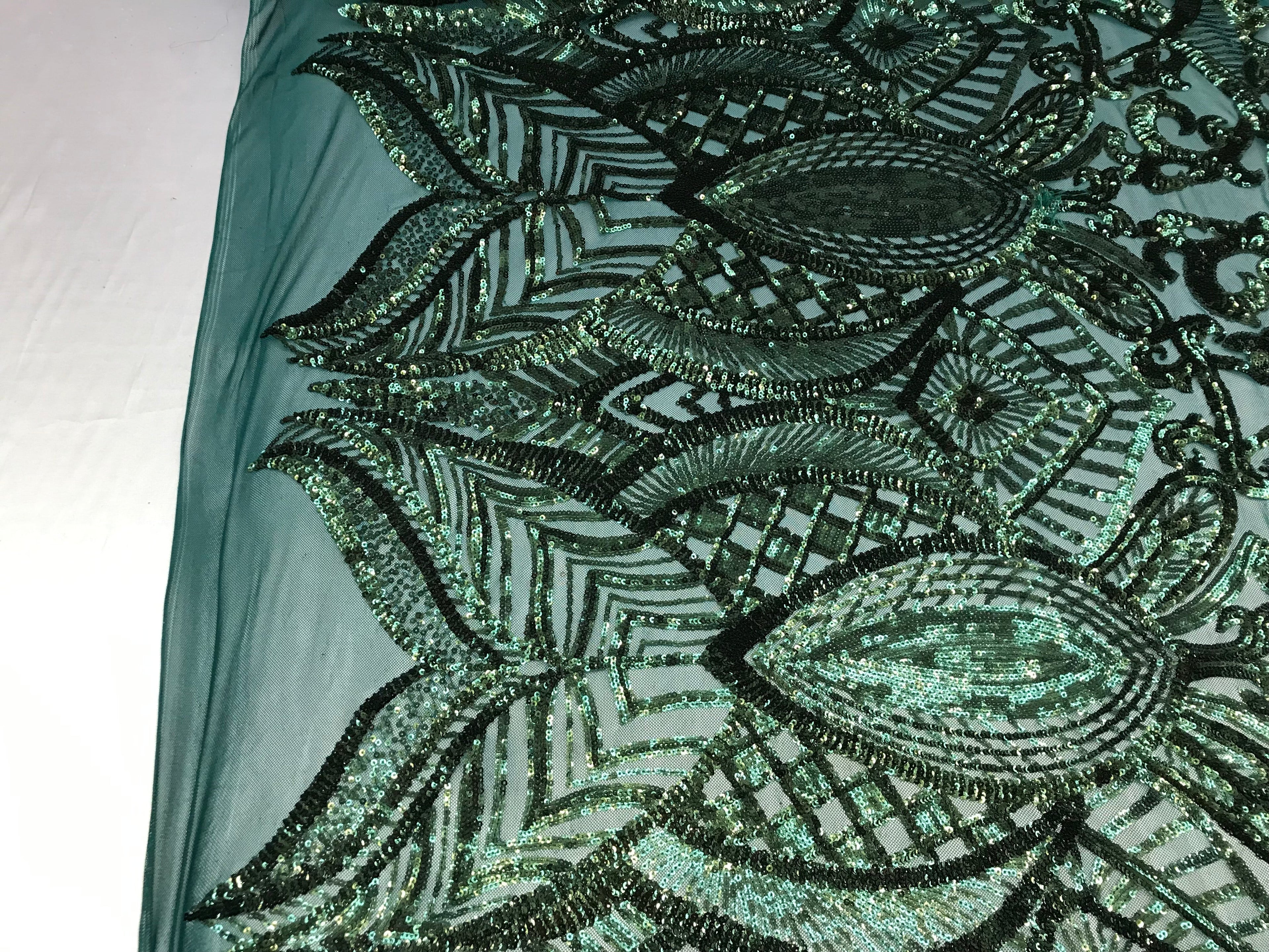 Hunter Green - 4 Way Stretch Embroidered Royalty Sequins Design Fabric By Yard