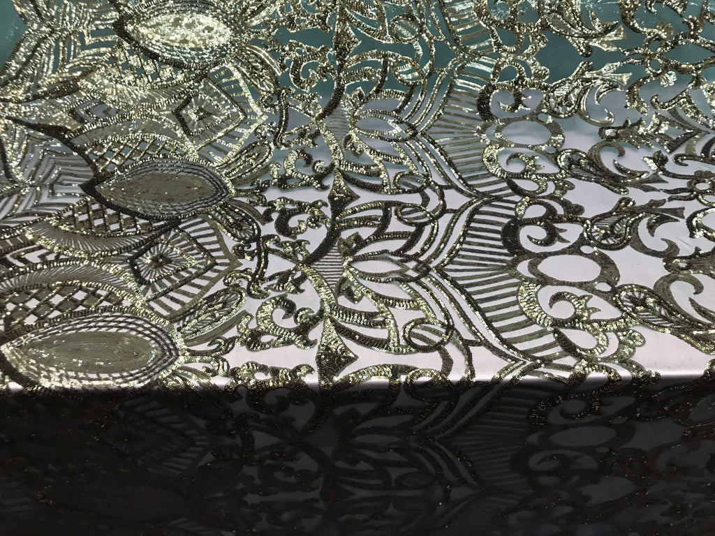 Hunter Green - 4 Way Stretch Embroidered Royalty Sequins Design Fabric By Yard