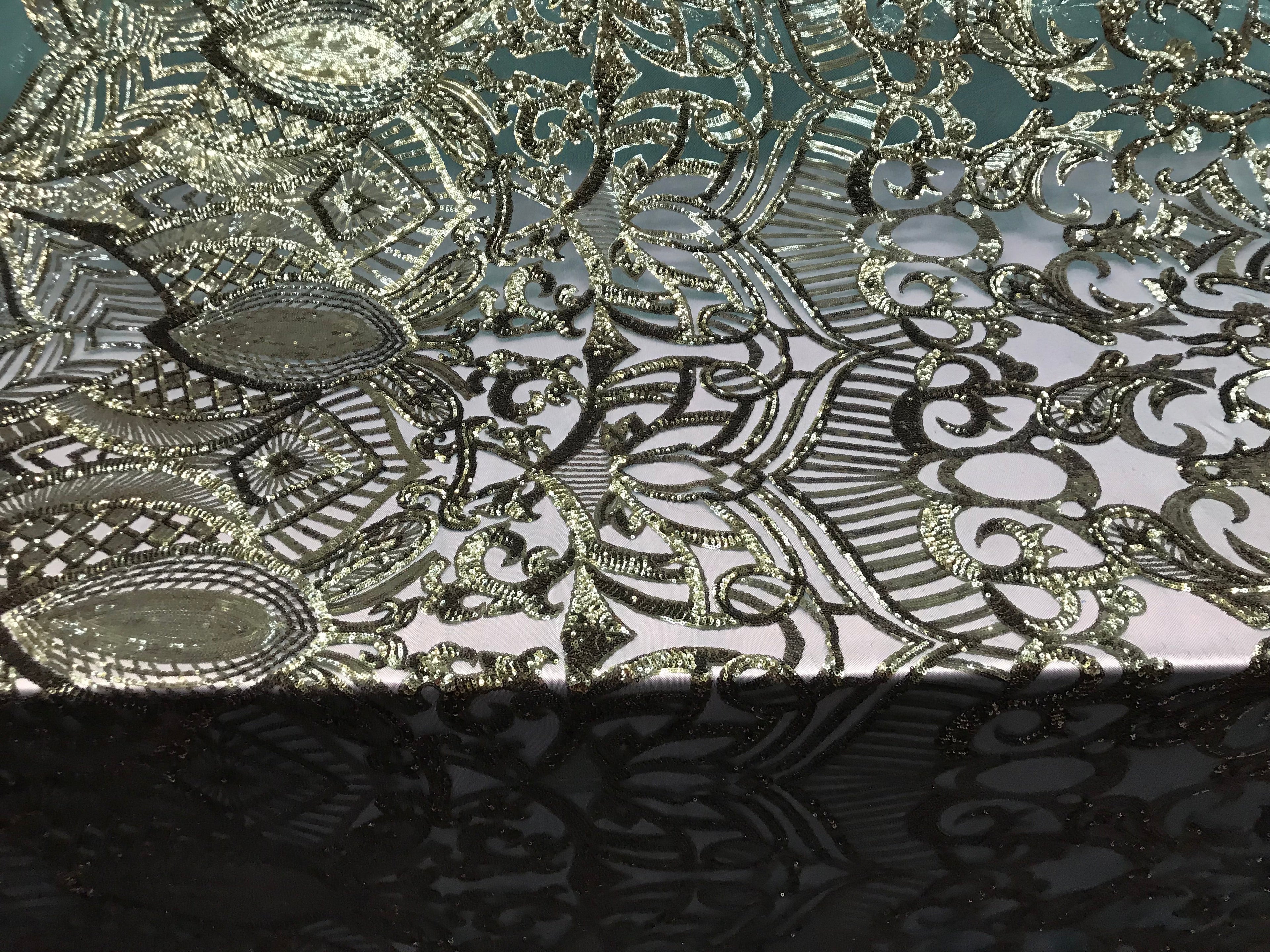 Hunter Green - 4 Way Stretch Embroidered Royalty Sequins Design Fabric By Yard