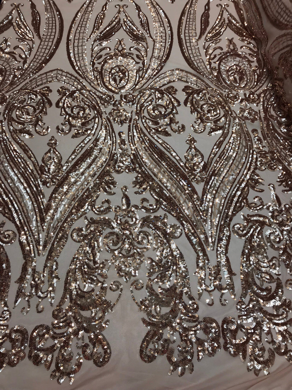 Big Damask Sequins Fabric - Rose Gold - 4 Way Stretch Damask Sequins Design Fabric By Yard
