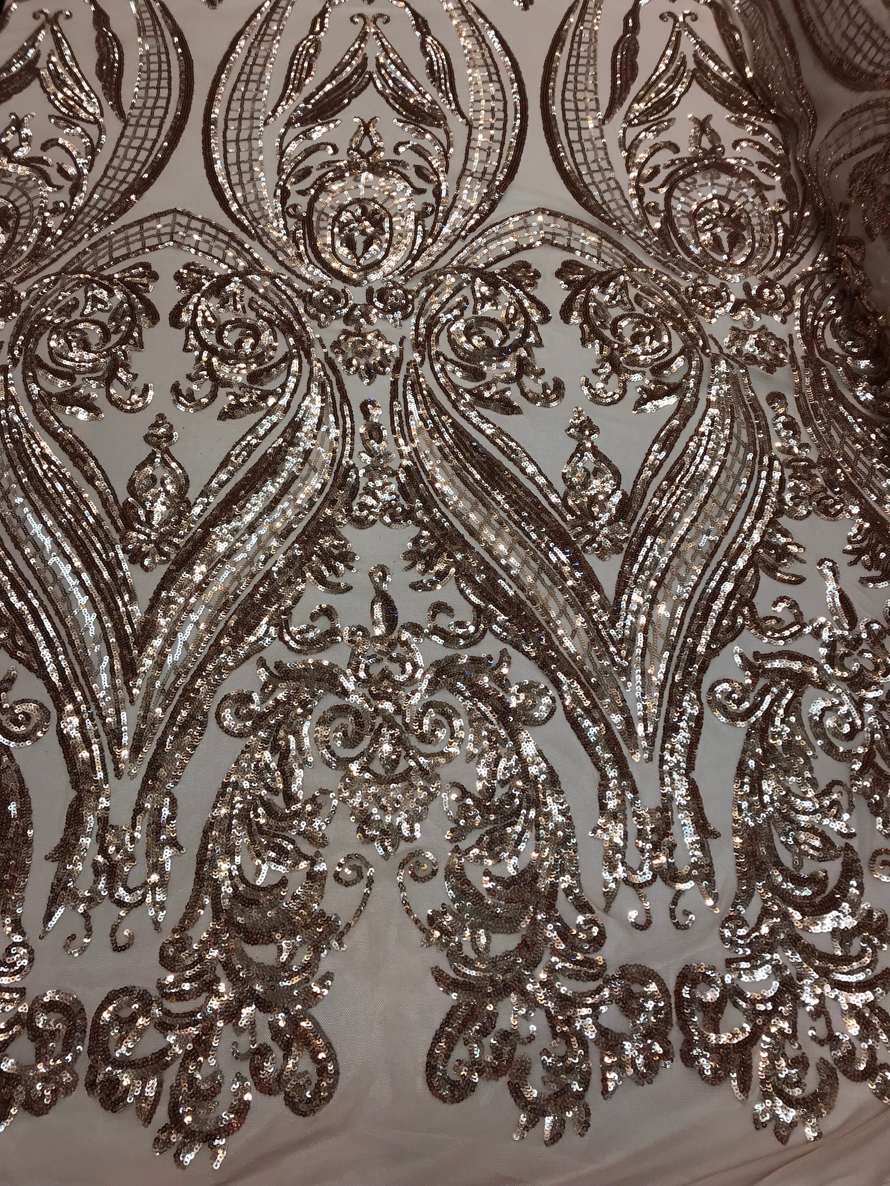 Big Damask Sequins Fabric - Rose Gold - 4 Way Stretch Damask Sequins Design Fabric By Yard
