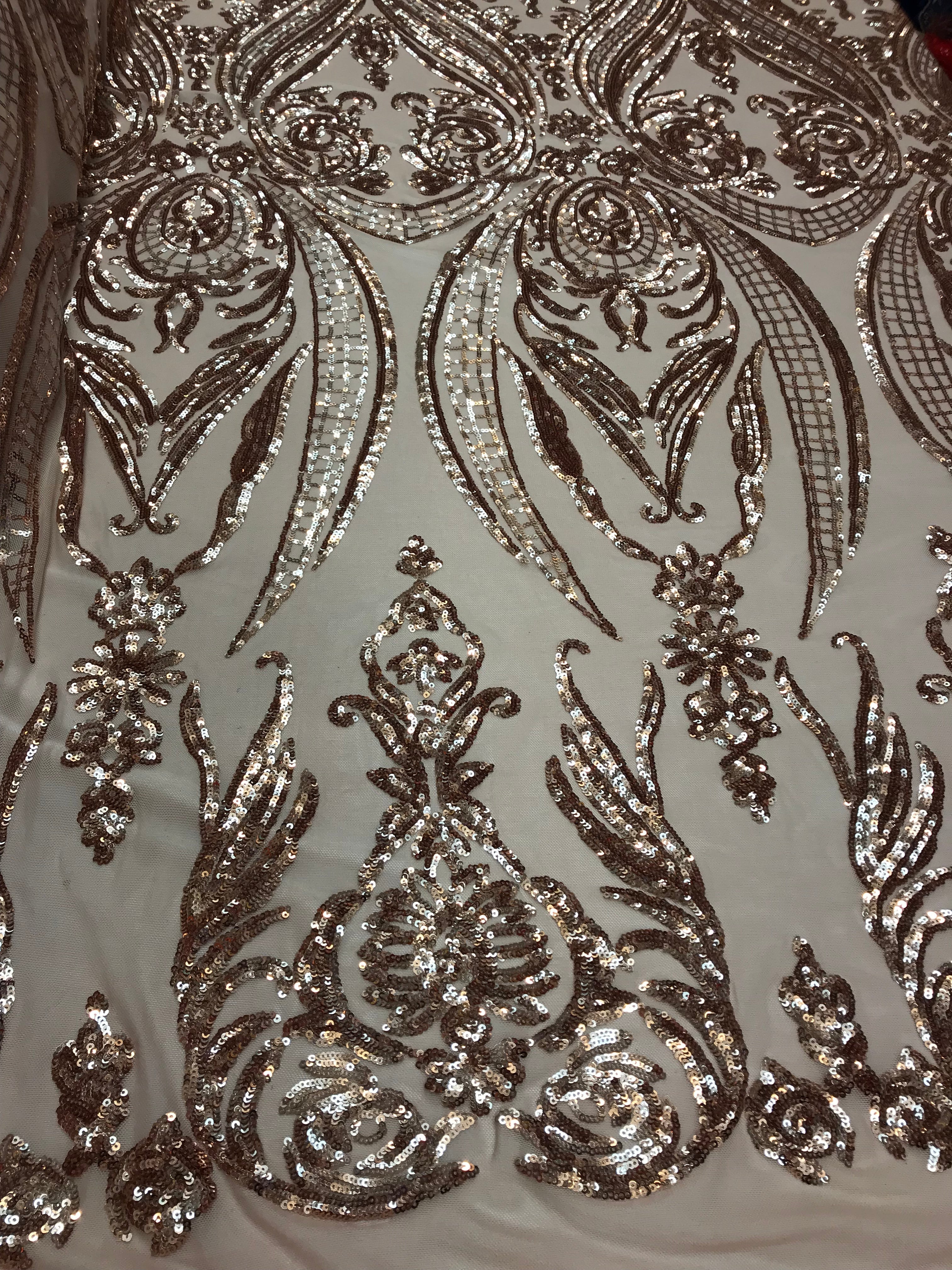 Big Damask Sequins Fabric - Rose Gold - 4 Way Stretch Damask Sequins Design Fabric By Yard