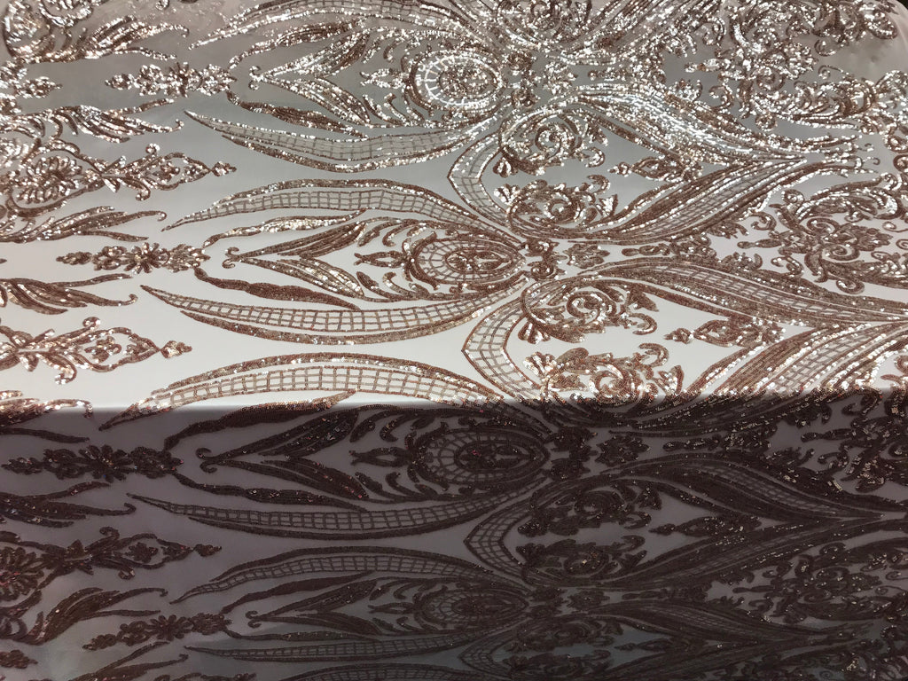 Big Damask Sequins Fabric - Rose Gold - 4 Way Stretch Damask Sequins Design Fabric By Yard