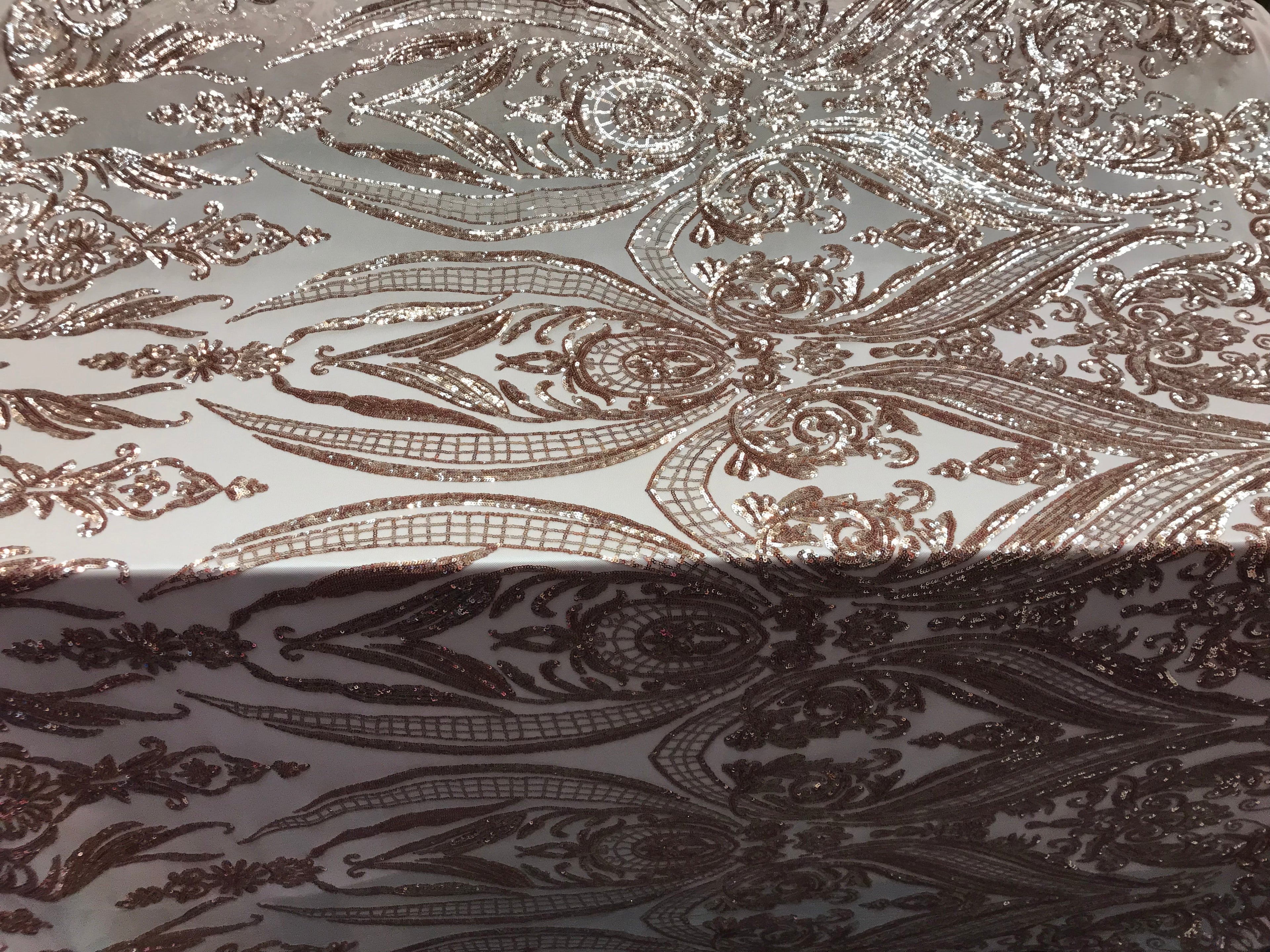 Big Damask Sequins Fabric - Rose Gold - 4 Way Stretch Damask Sequins Design Fabric By Yard
