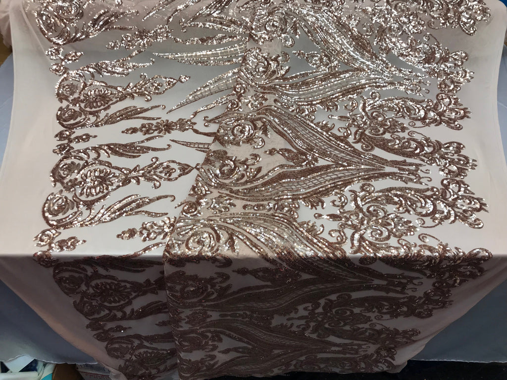 Big Damask Sequins Fabric - Rose Gold - 4 Way Stretch Damask Sequins Design Fabric By Yard