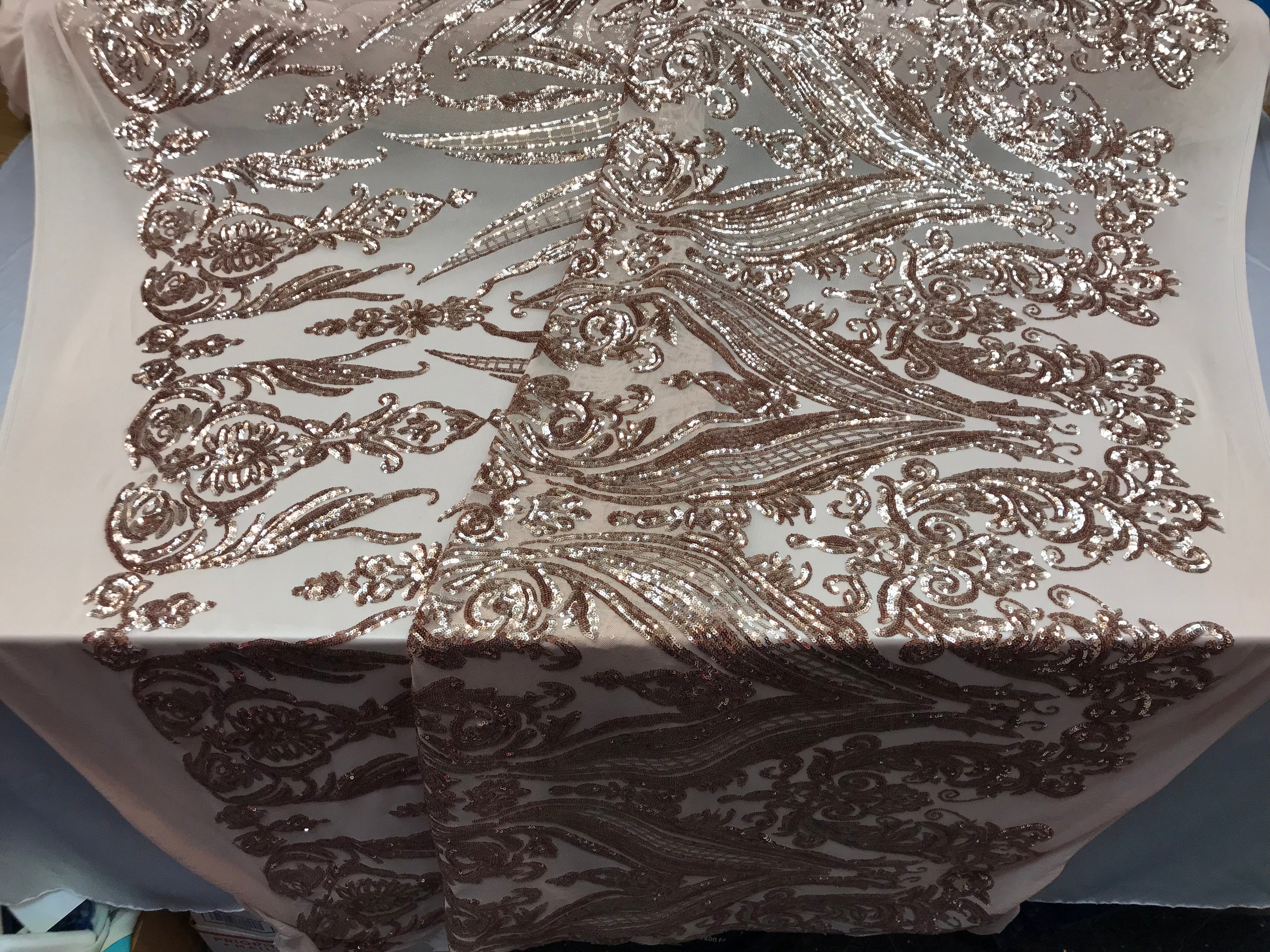 Big Damask Sequins Fabric - Rose Gold - 4 Way Stretch Damask Sequins Design Fabric By Yard
