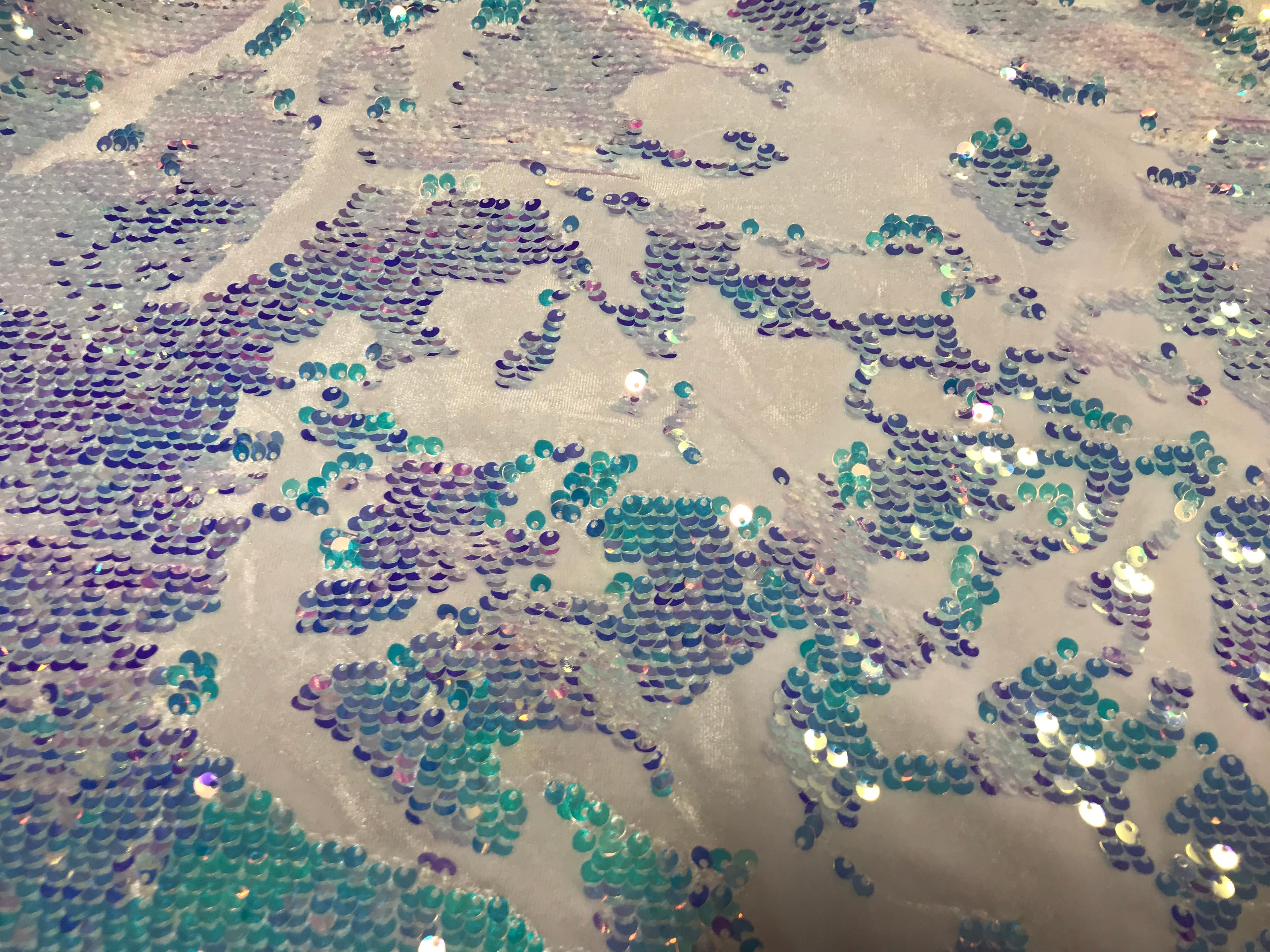 Velvet 4 Way Stretch - Iridescent Aqua - Shiny Reversible Sequins Fabric On White Velvet By Yard