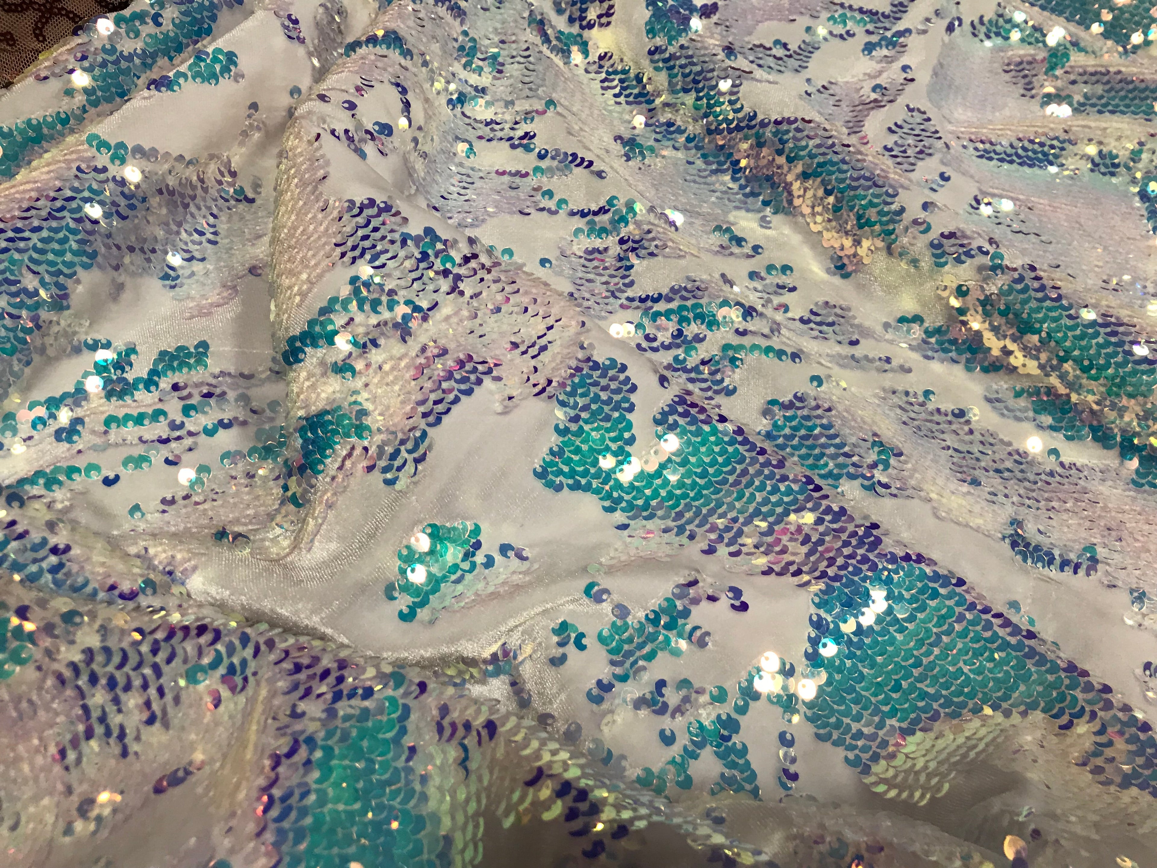 Velvet 4 Way Stretch - Iridescent Aqua - Shiny Reversible Sequins Fabric On White Velvet By Yard