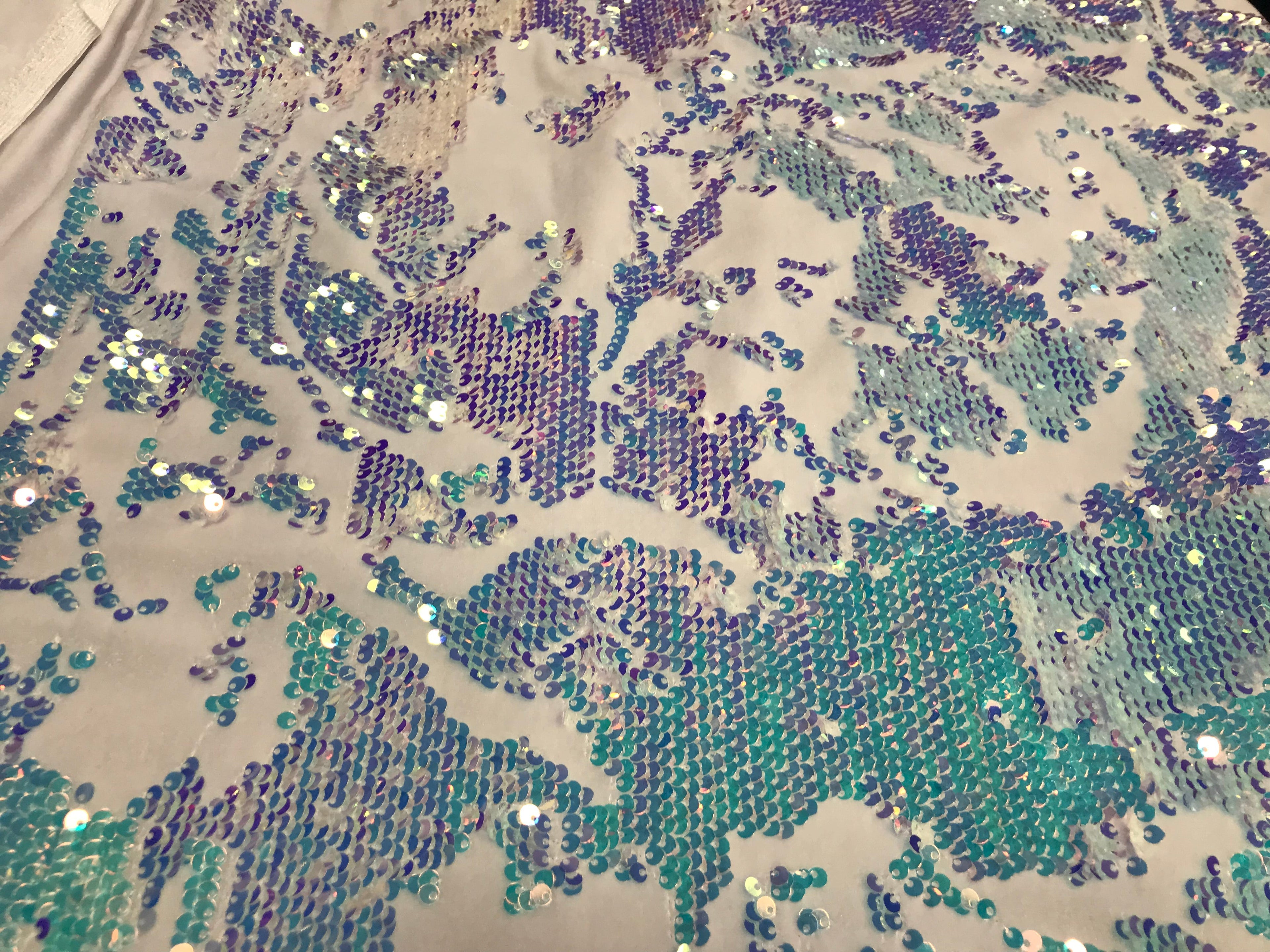 Velvet 4 Way Stretch - Iridescent Aqua - Shiny Reversible Sequins Fabric On White Velvet By Yard