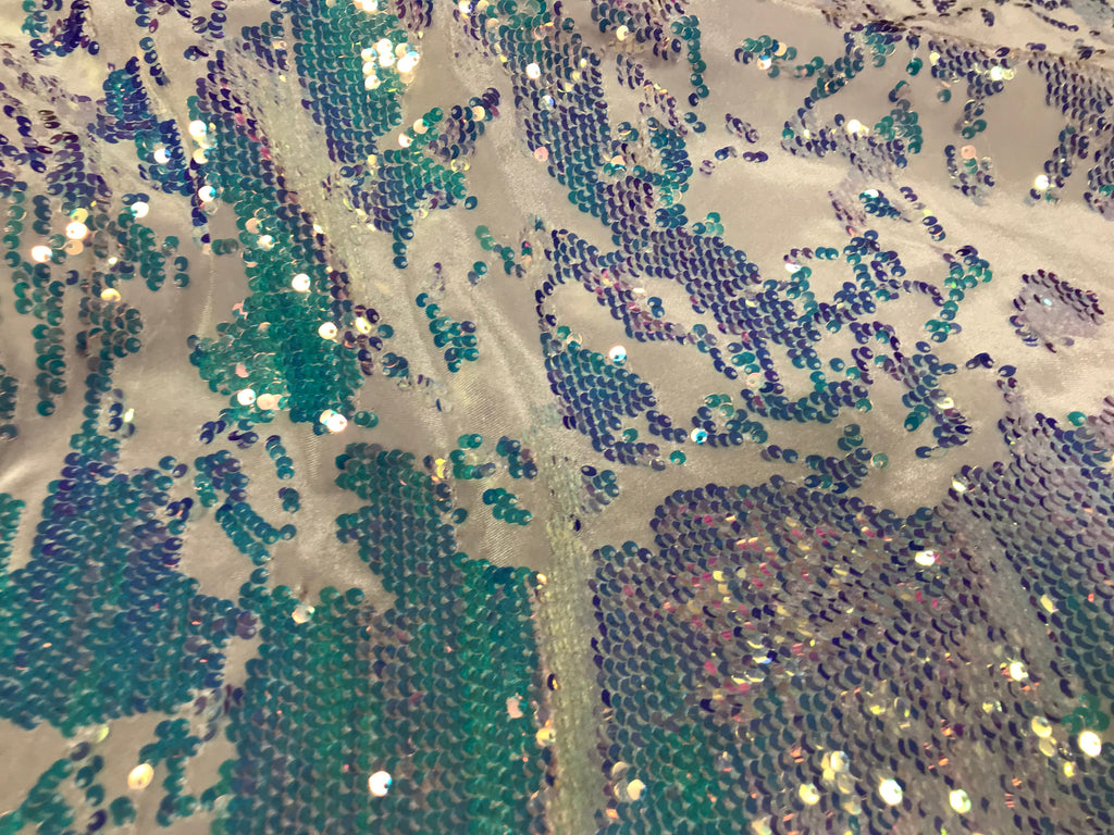 Velvet 4 Way Stretch - Iridescent Aqua - Shiny Reversible Sequins Fabric On White Velvet By Yard