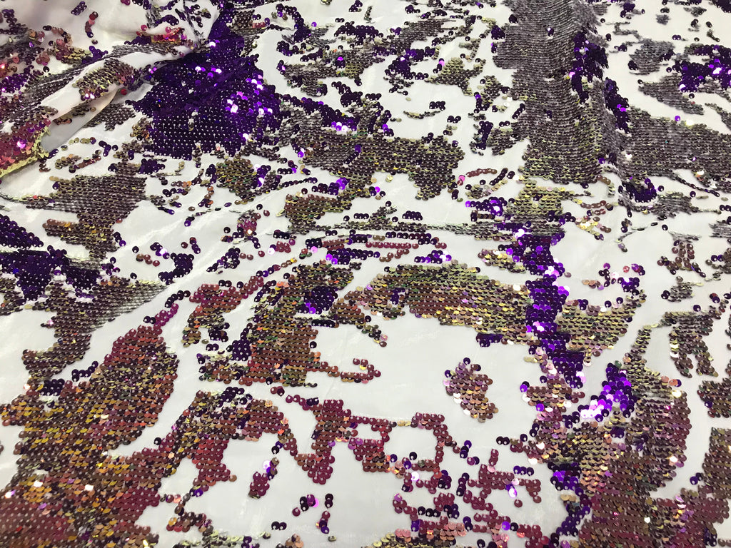 Velvet 4 Way Stretch - Iridescent Purple Gold - Shiny Reversible Sequins Fabric On Velvet By Yard