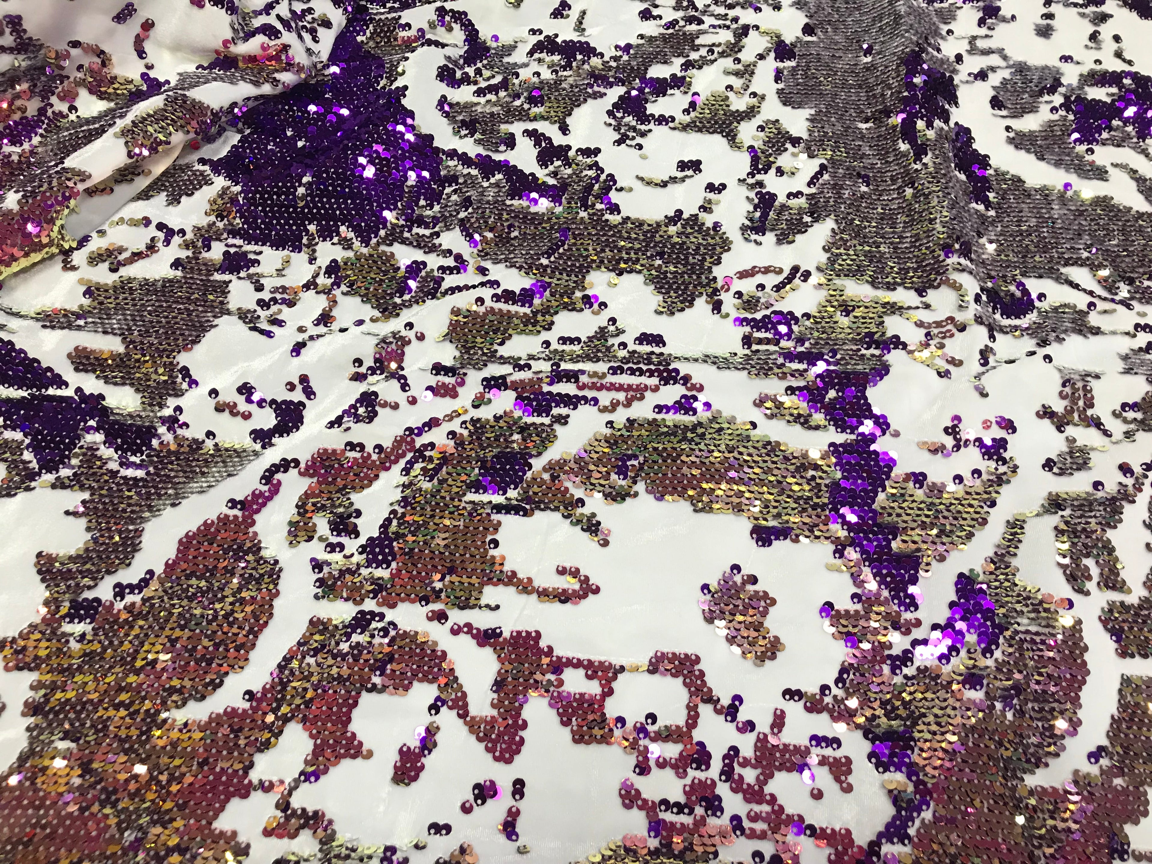 Velvet 4 Way Stretch - Iridescent Purple Gold - Shiny Reversible Sequins Fabric On Velvet By Yard
