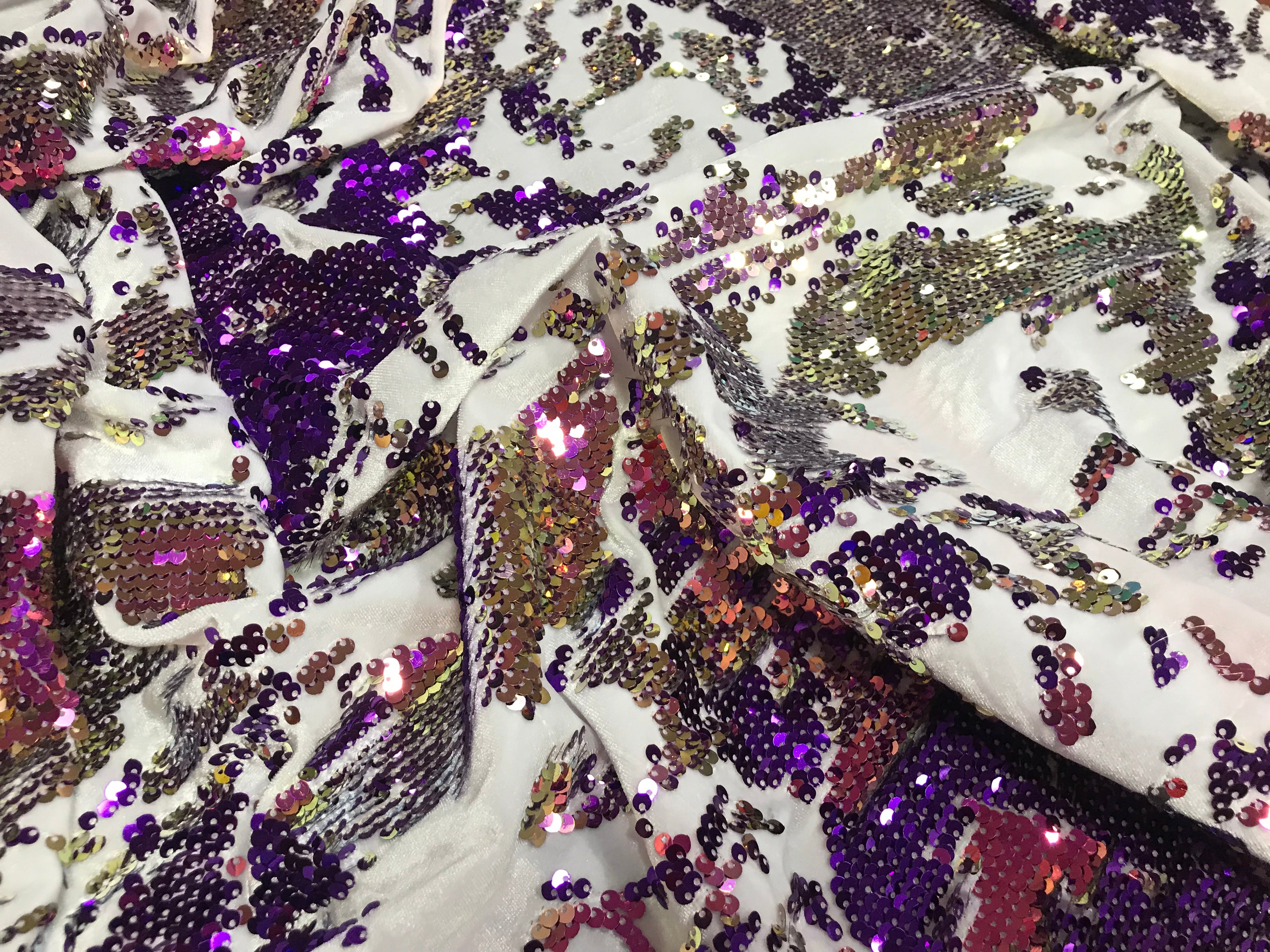 Velvet 4 Way Stretch - Iridescent Purple Gold - Shiny Reversible Sequins Fabric On Velvet By Yard