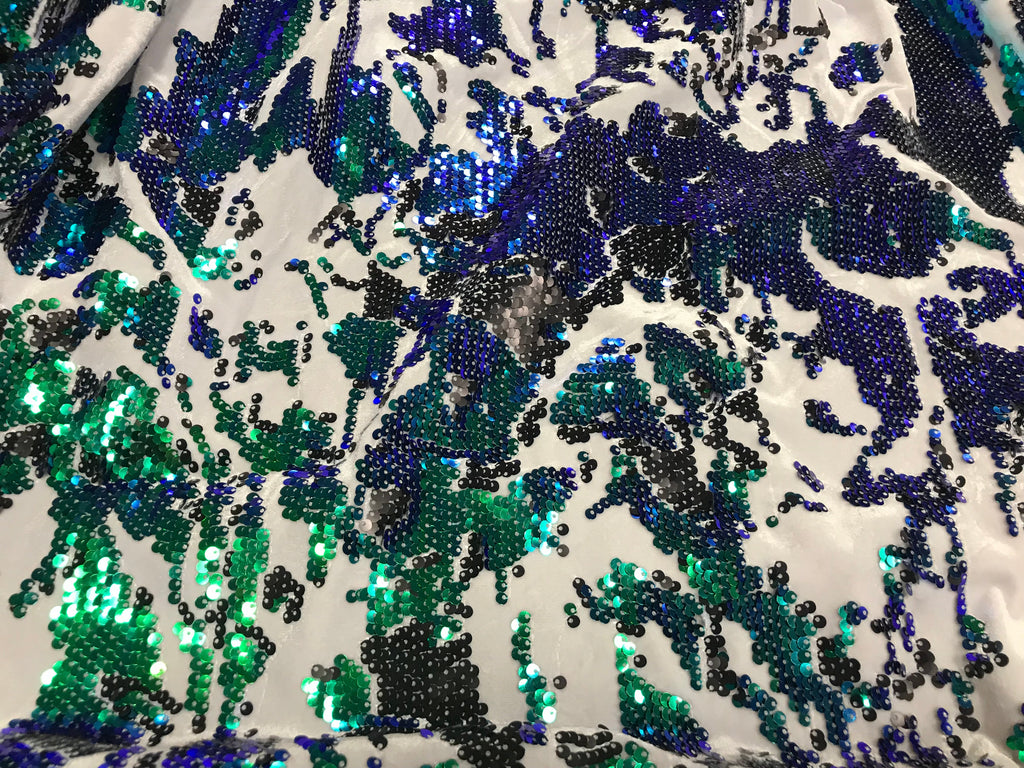 Velvet 4 Way Stretch - Iridescent Royal Blue Green - Shiny Reversible Sequins Fabric Velvet By Yard