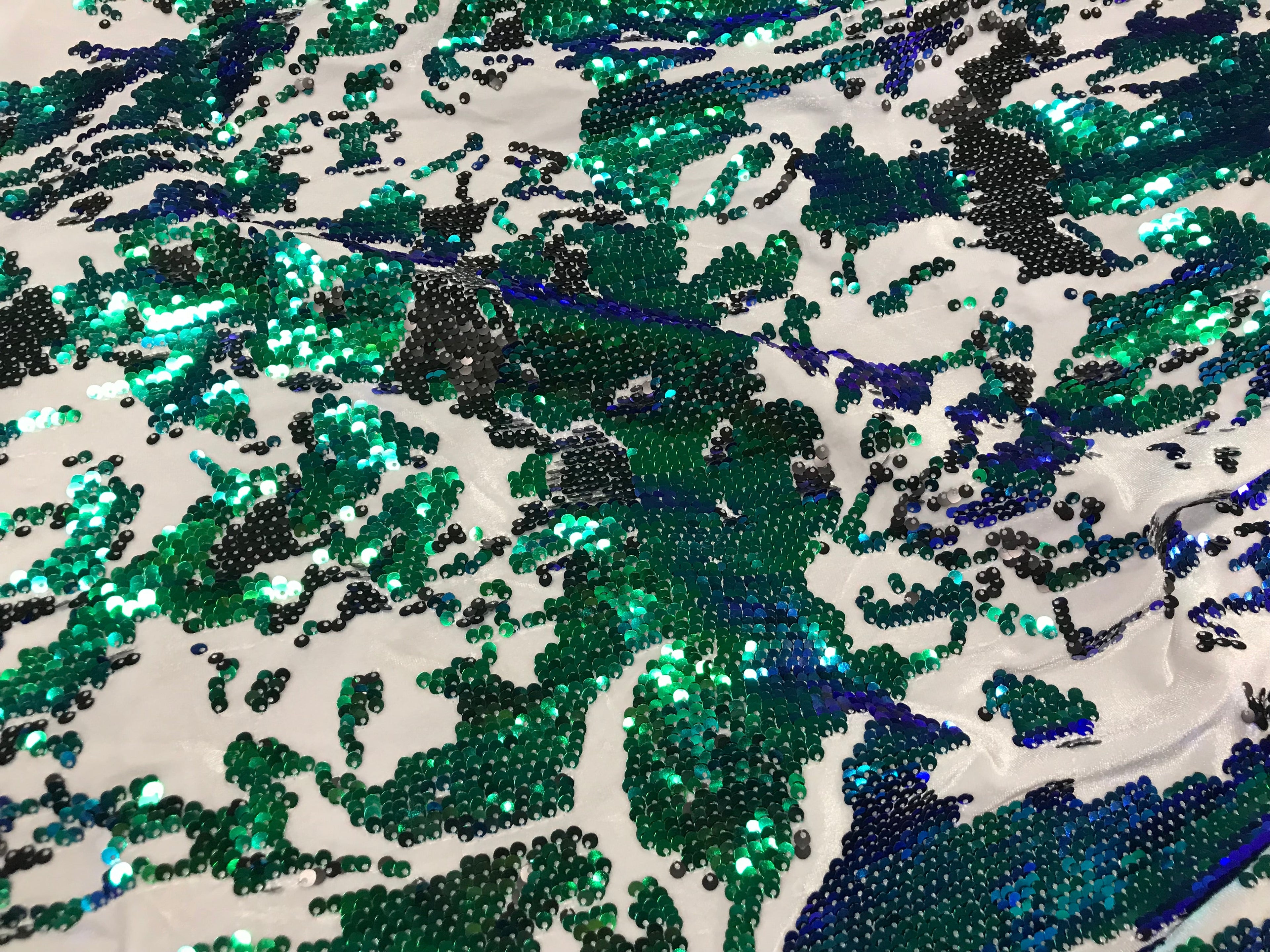 Velvet 4 Way Stretch - Iridescent Royal Blue Green - Shiny Reversible Sequins Fabric Velvet By Yard
