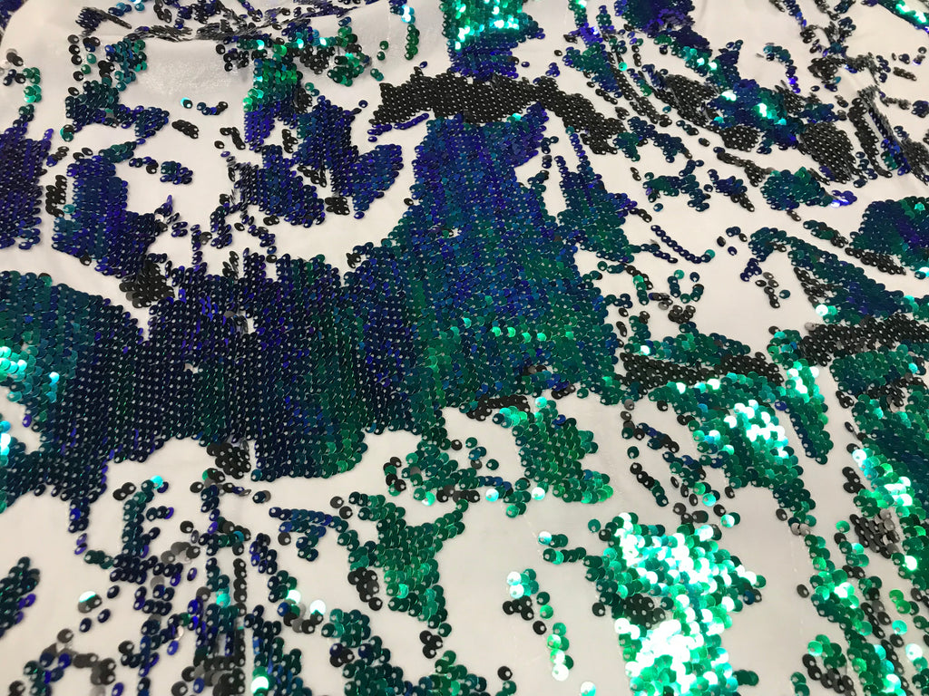 Velvet 4 Way Stretch - Iridescent Royal Blue Green - Shiny Reversible Sequins Fabric Velvet By Yard