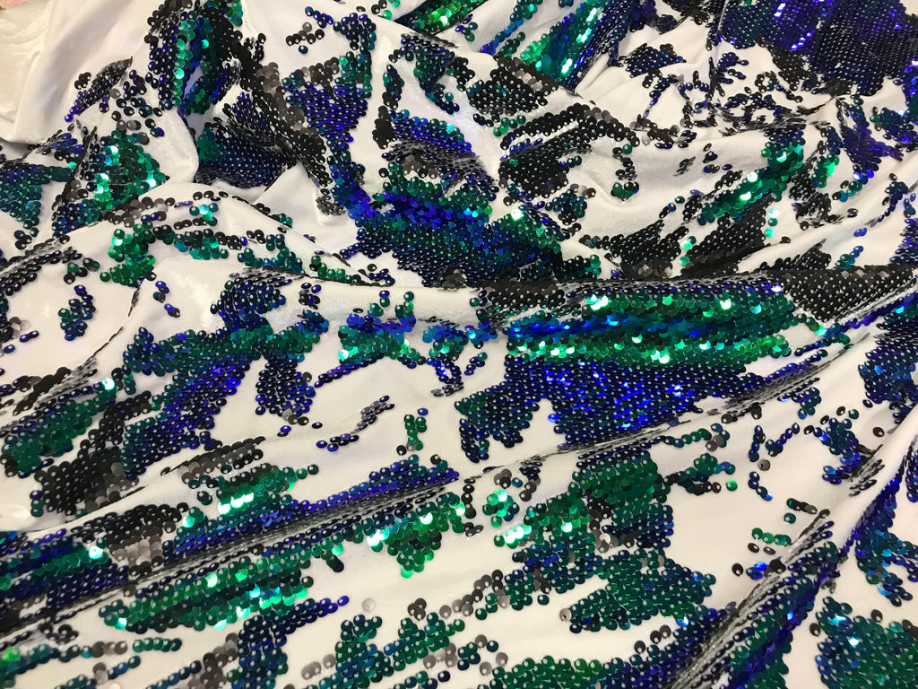 Velvet 4 Way Stretch - Iridescent Royal Blue Green - Shiny Reversible Sequins Fabric Velvet By Yard