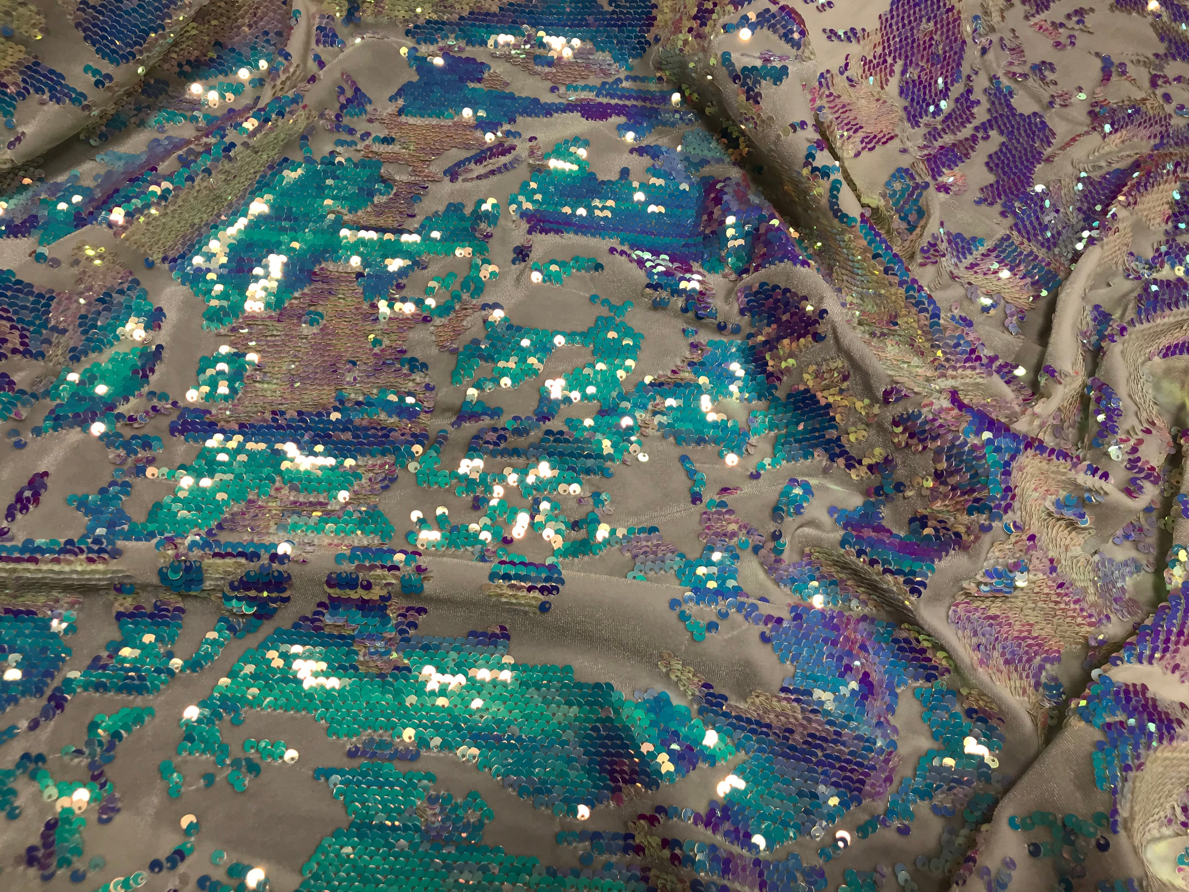 Velvet 4 Way Stretch - Iridescent Aqua - Shiny Reversible Sequins Fabric On Ivory Velvet By Yard
