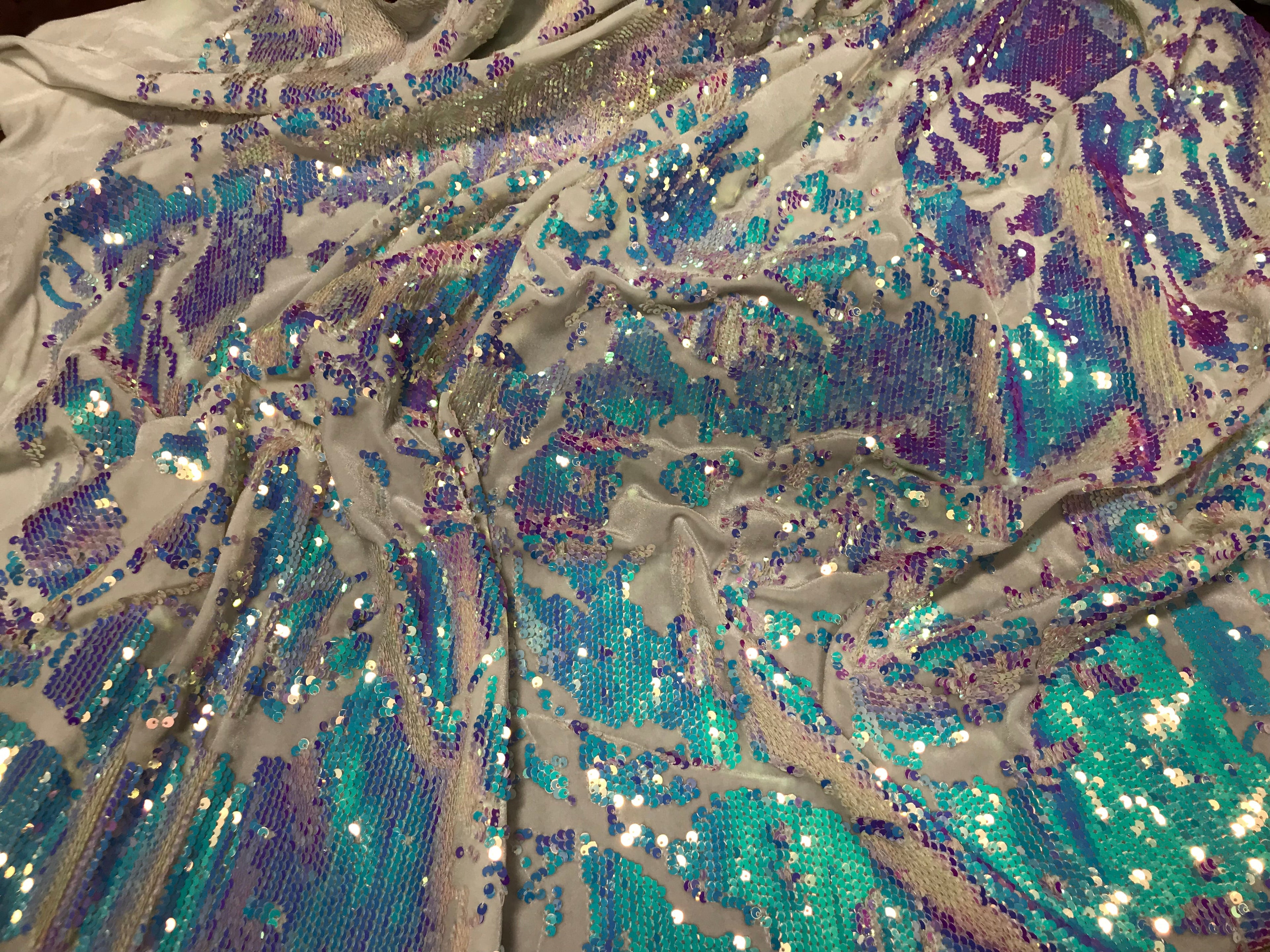 Velvet 4 Way Stretch - Iridescent Aqua - Shiny Reversible Sequins Fabric On Ivory Velvet By Yard