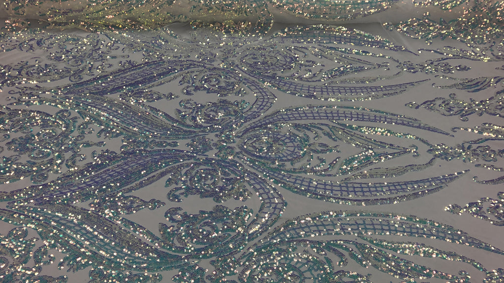 Big Damask Sequins Fabric - Iridescent Clear - 4 Way Stretch Damask Sequins Design Fabric By Yard