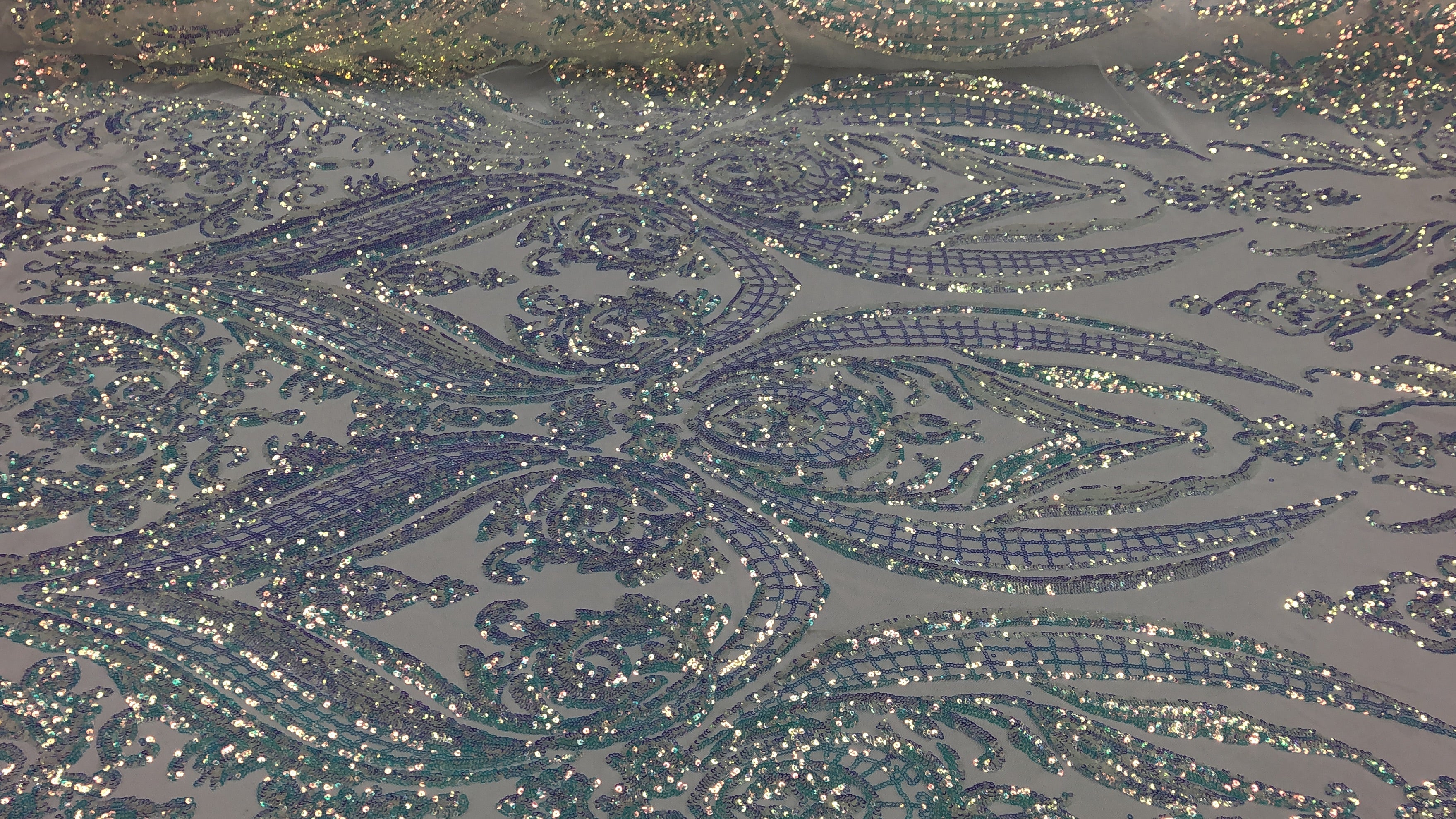 Big Damask Sequins Fabric - Iridescent Clear - 4 Way Stretch Damask Sequins Design Fabric By Yard