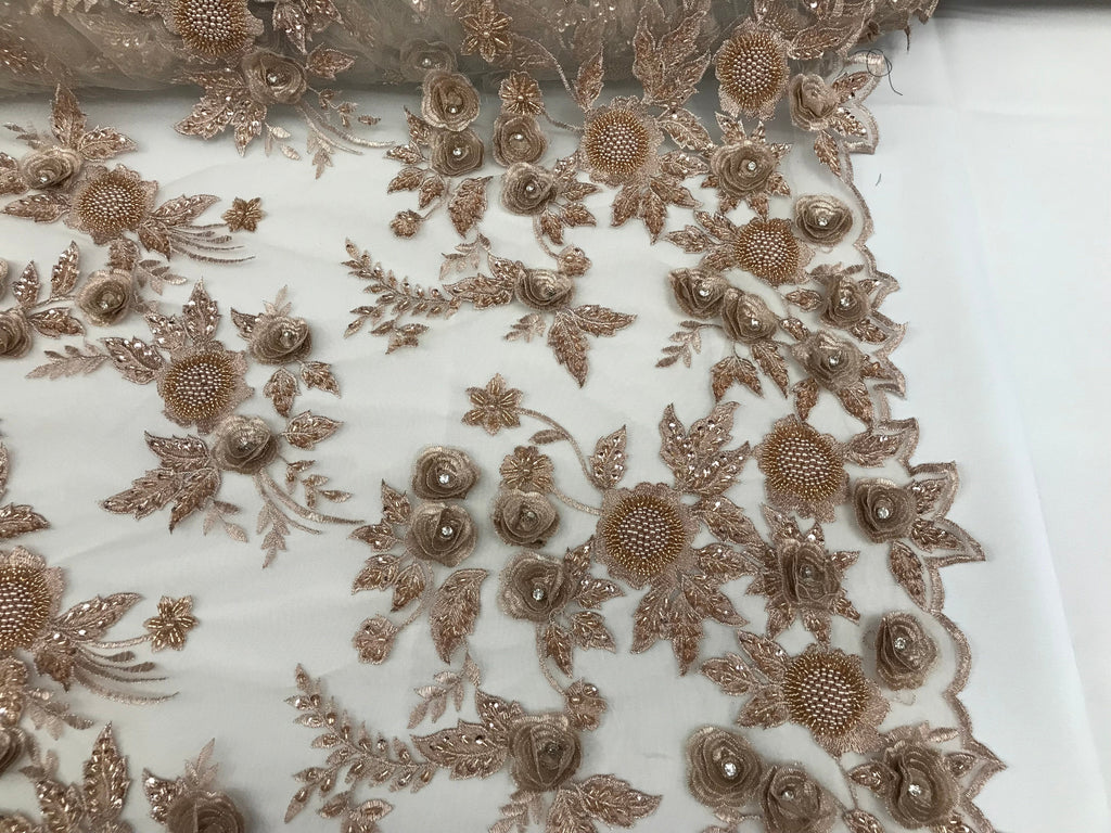 3D Flower Fabric - Skin - Fancy Embroidered Mesh Sequins Fabric with Beads Sold By The Yard