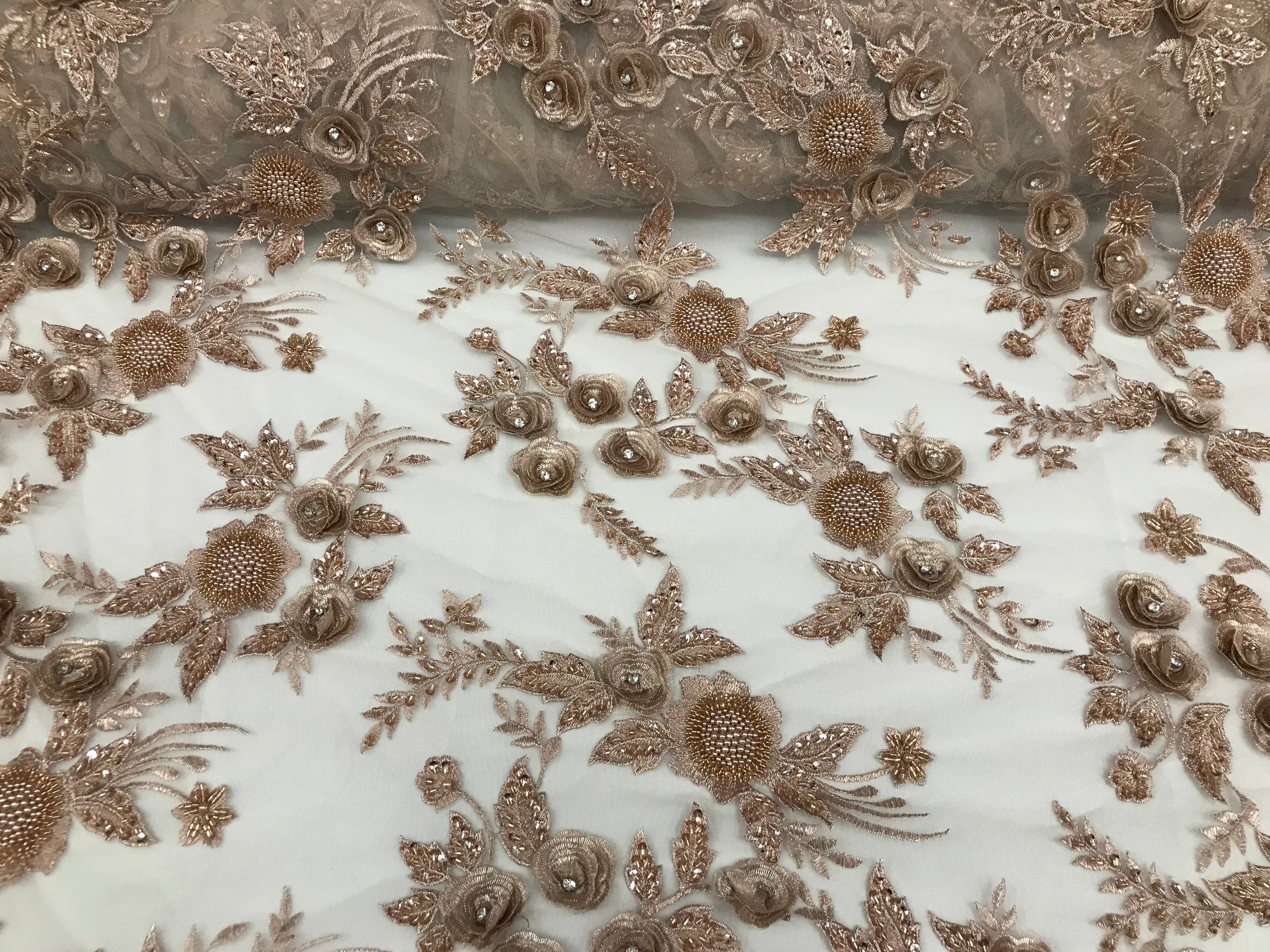 3D Flower Fabric - Skin - Fancy Embroidered Mesh Sequins Fabric with Beads Sold By The Yard