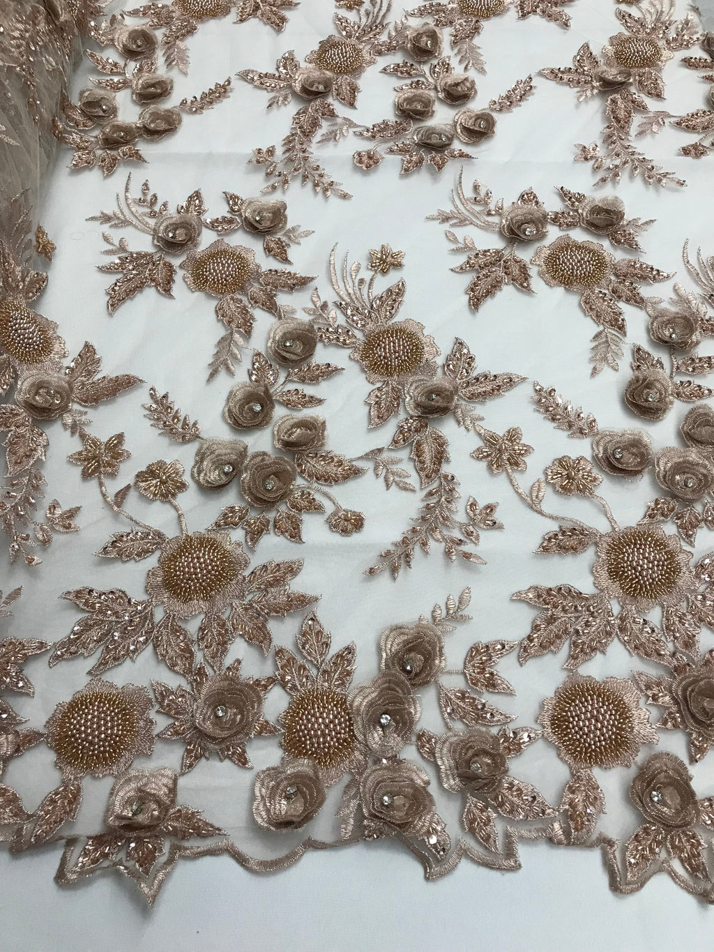 3D Flower Fabric - Skin - Fancy Embroidered Mesh Sequins Fabric with Beads Sold By The Yard