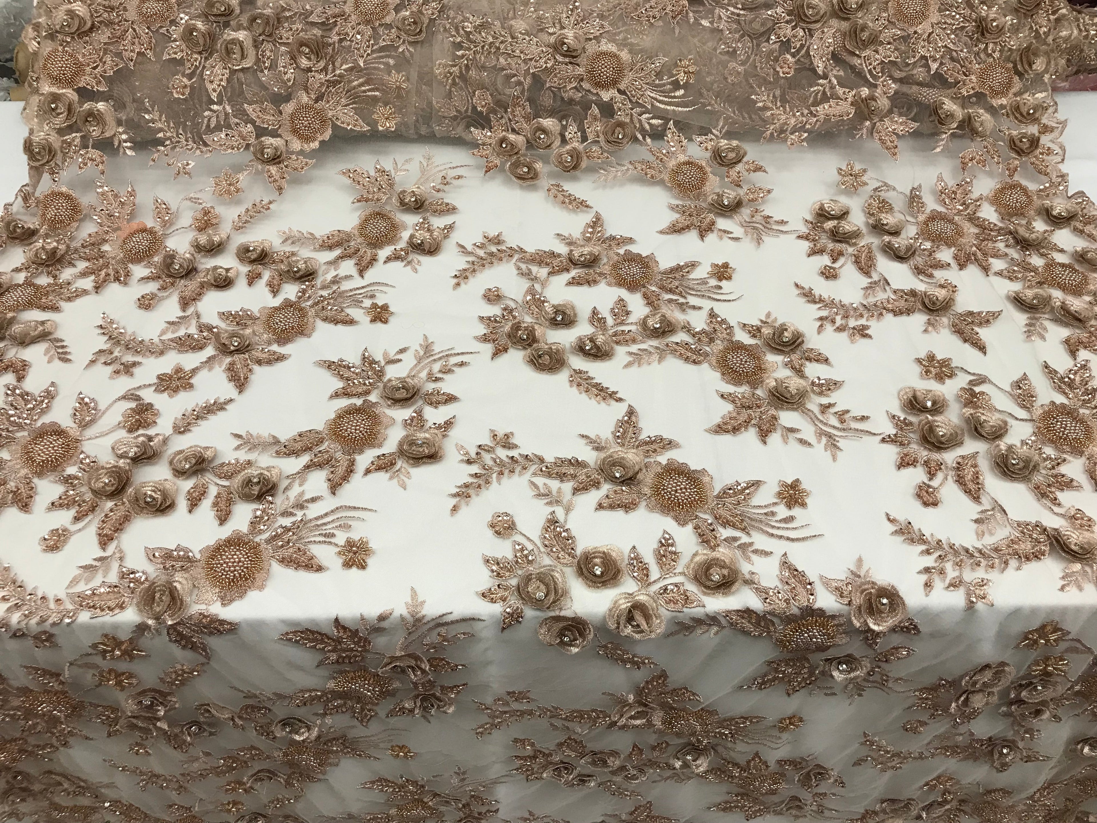 3D Flower Fabric - Skin - Fancy Embroidered Mesh Sequins Fabric with Beads Sold By The Yard
