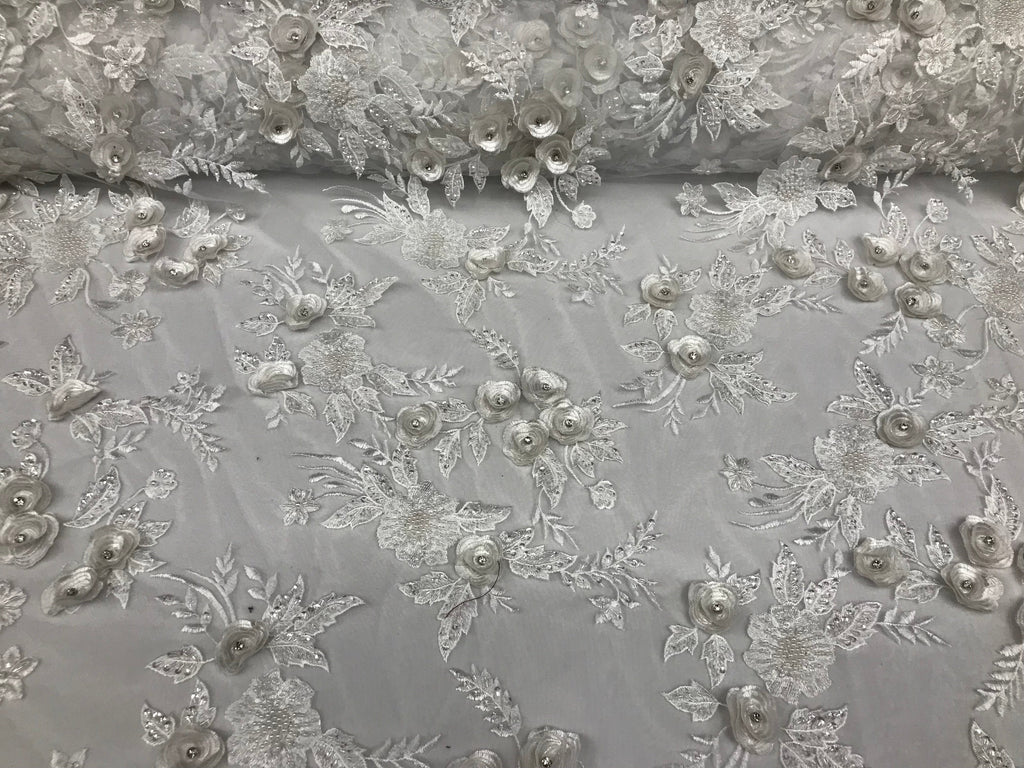 3D Flower Fabric -White - Fancy Embroidered Mesh Sequins Fabric with Beads Sold By The Yard
