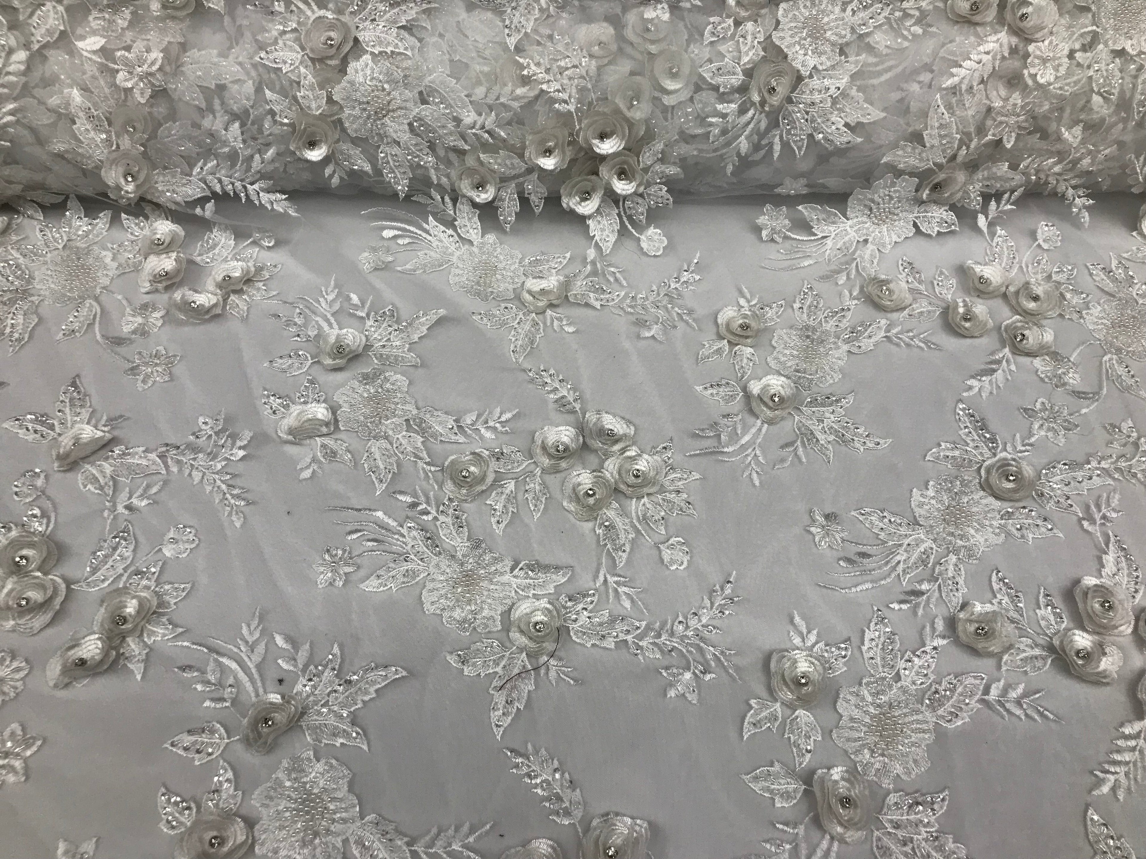 3D Flower Fabric -White - Fancy Embroidered Mesh Sequins Fabric with Beads Sold By The Yard