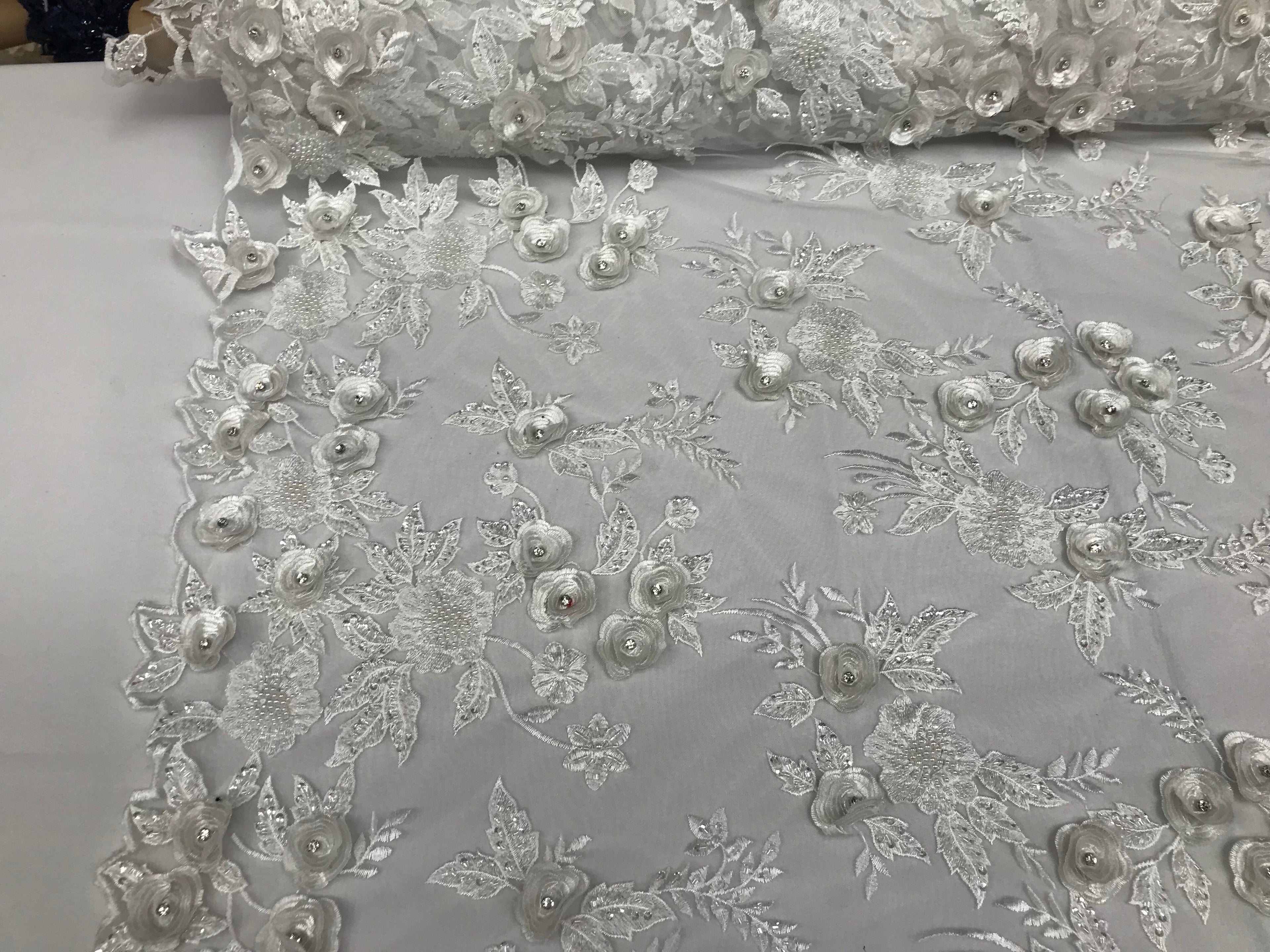3D Flower Fabric -White - Fancy Embroidered Mesh Sequins Fabric with Beads Sold By The Yard