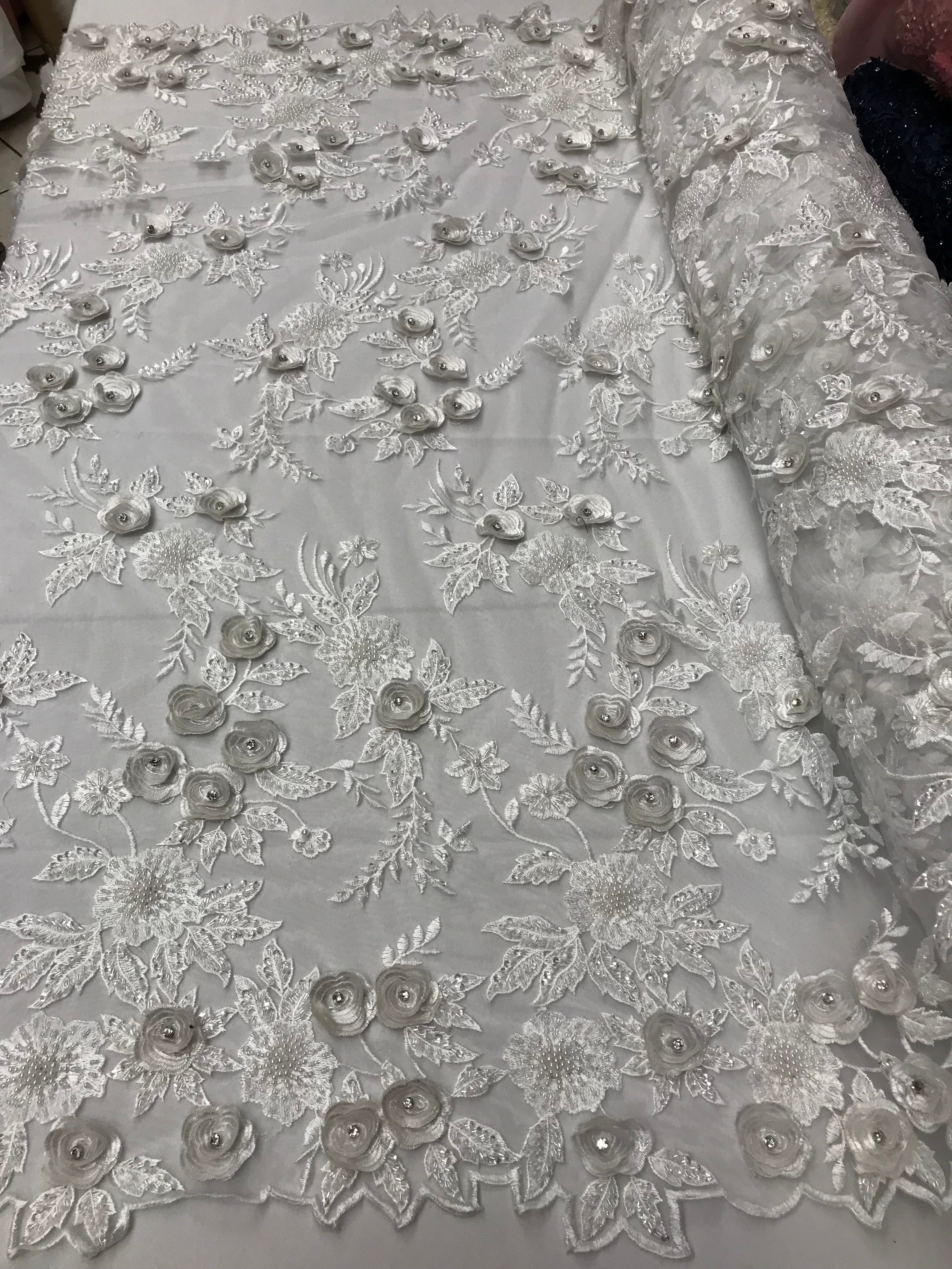 3D Flower Fabric -White - Fancy Embroidered Mesh Sequins Fabric with Beads Sold By The Yard