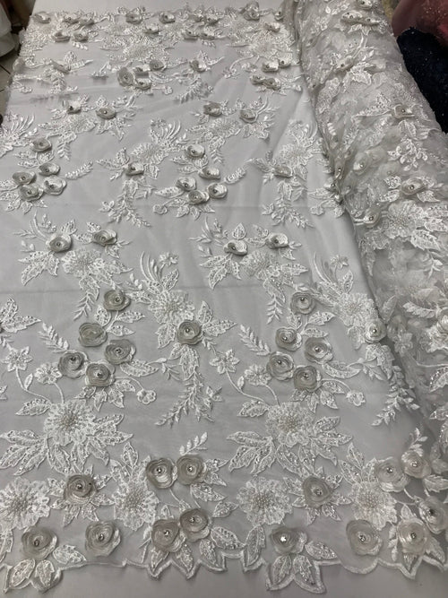 3D Flower Fabric -White - Fancy Embroidered Mesh Sequins Fabric with Beads Sold By The Yard