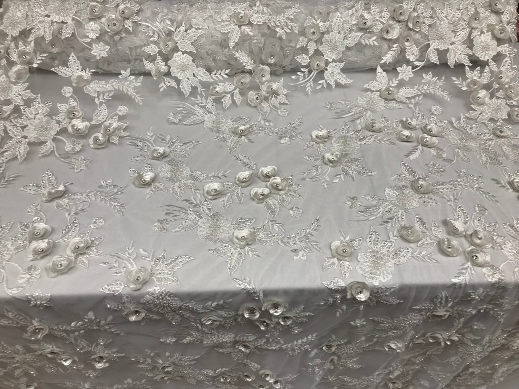3D Flower Fabric -White - Fancy Embroidered Mesh Sequins Fabric with Beads Sold By The Yard