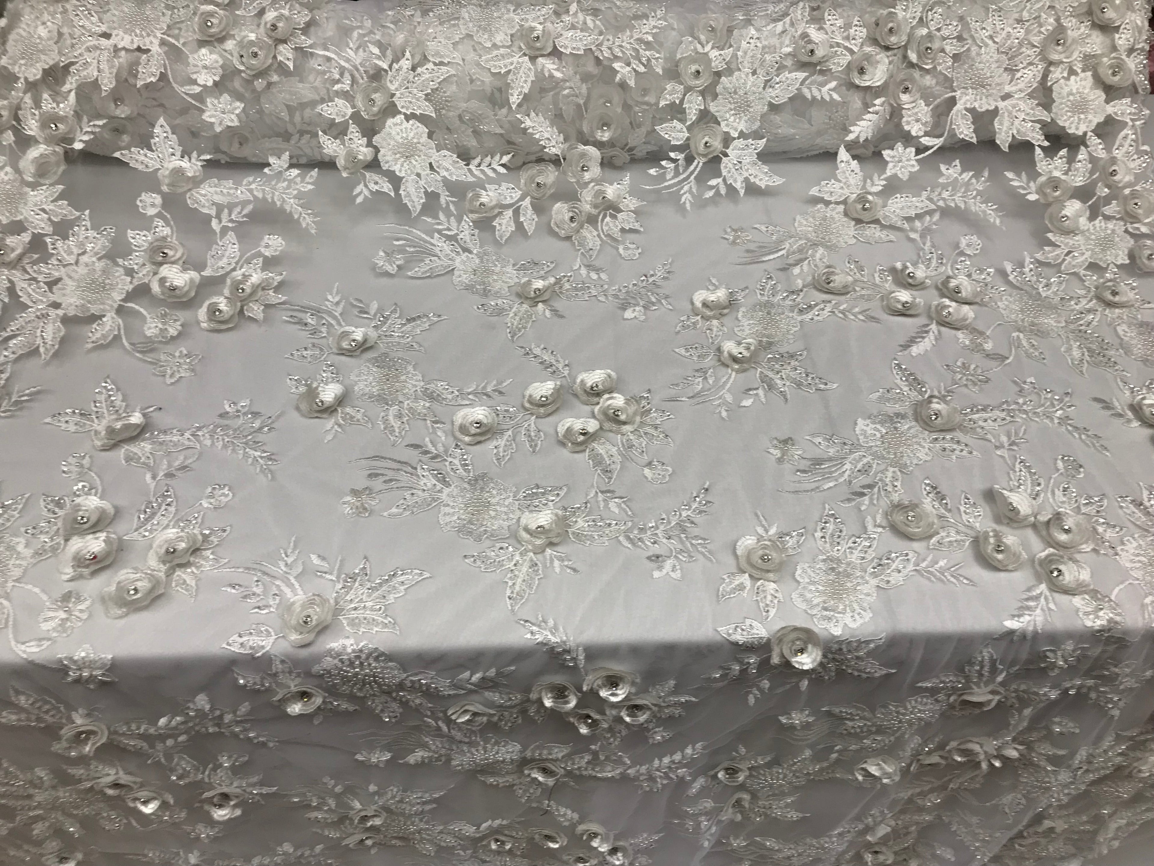 3D Flower Fabric -White - Fancy Embroidered Mesh Sequins Fabric with Beads Sold By The Yard