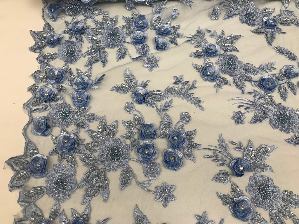 3D Flower Fabric - Baby Blue - Fancy Embroidered Mesh Sequins Fabric with Beads Sold By The Yard
