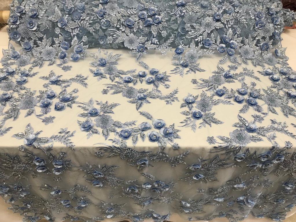 3D Flower Fabric - Baby Blue - Fancy Embroidered Mesh Sequins Fabric with Beads Sold By The Yard