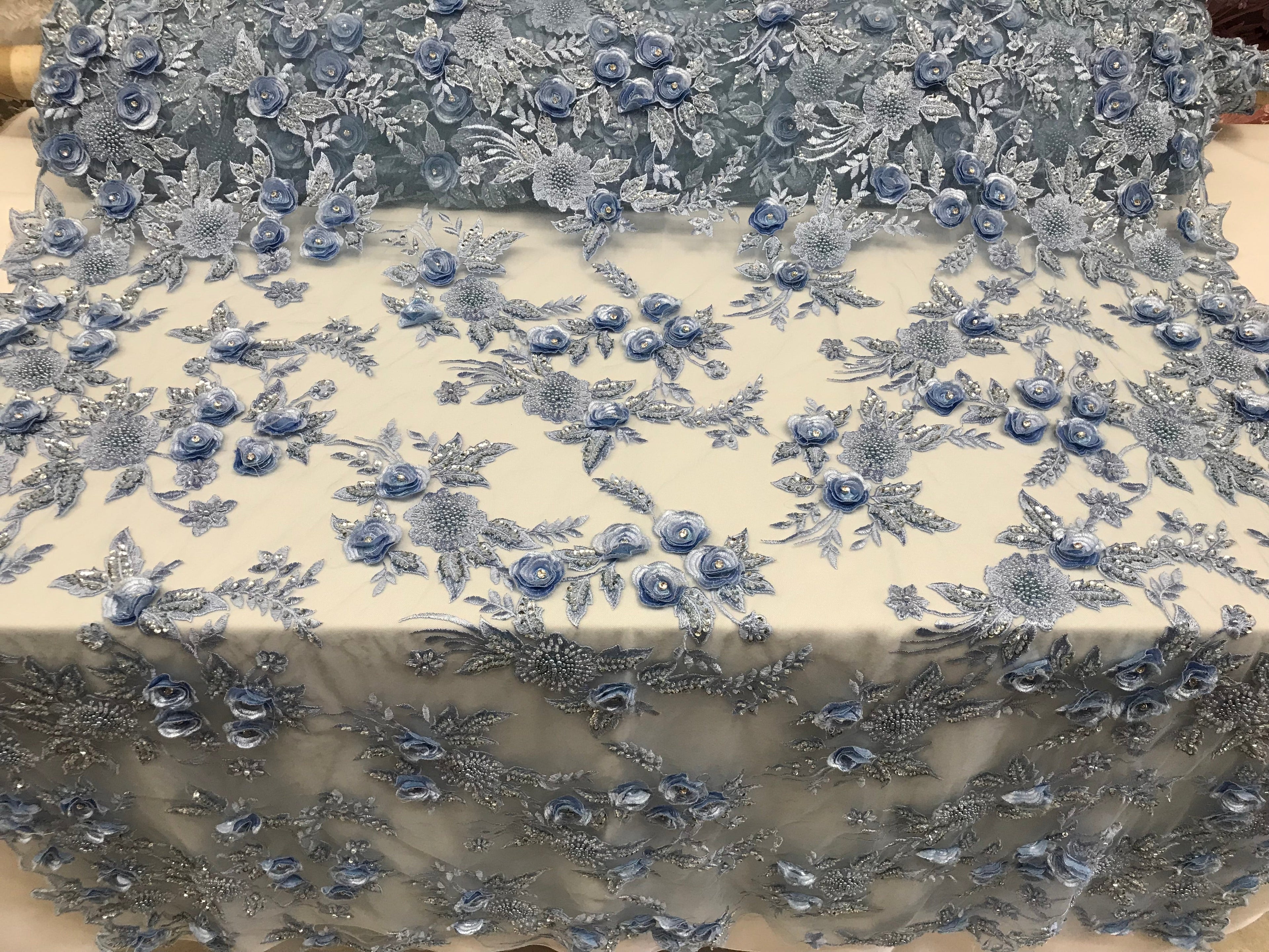 3D Flower Fabric - Baby Blue - Fancy Embroidered Mesh Sequins Fabric with Beads Sold By The Yard