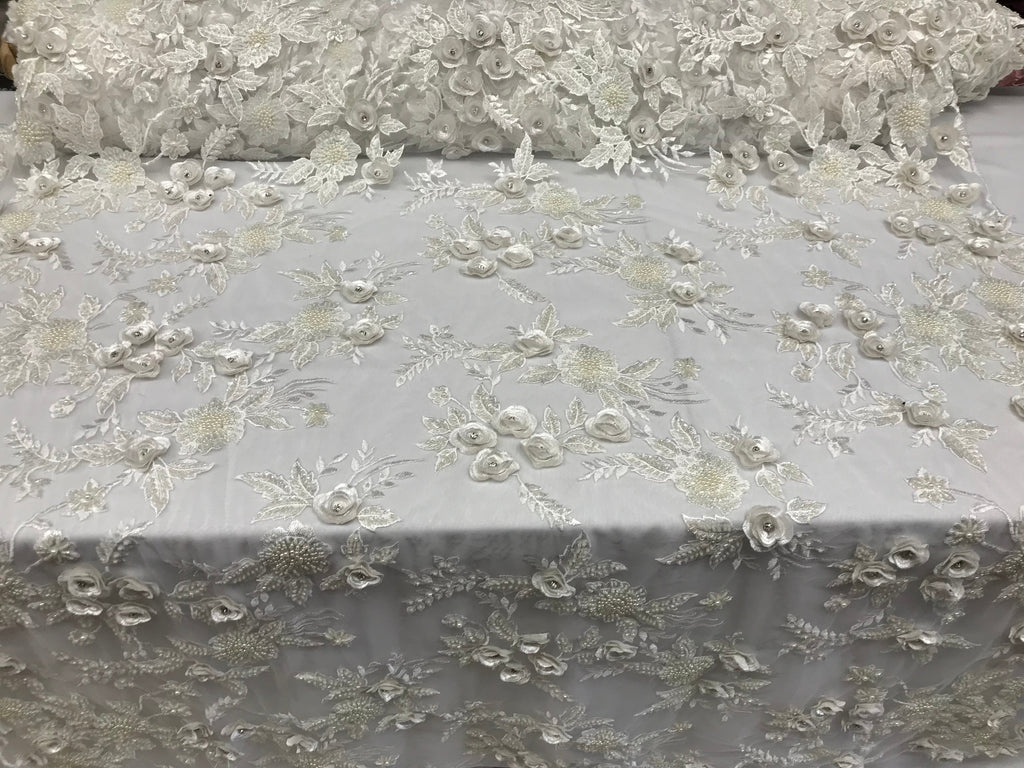 3D Flower Fabric - Ivory - Fancy Embroidered Mesh Sequins Fabric with Beads Sold By The Yard