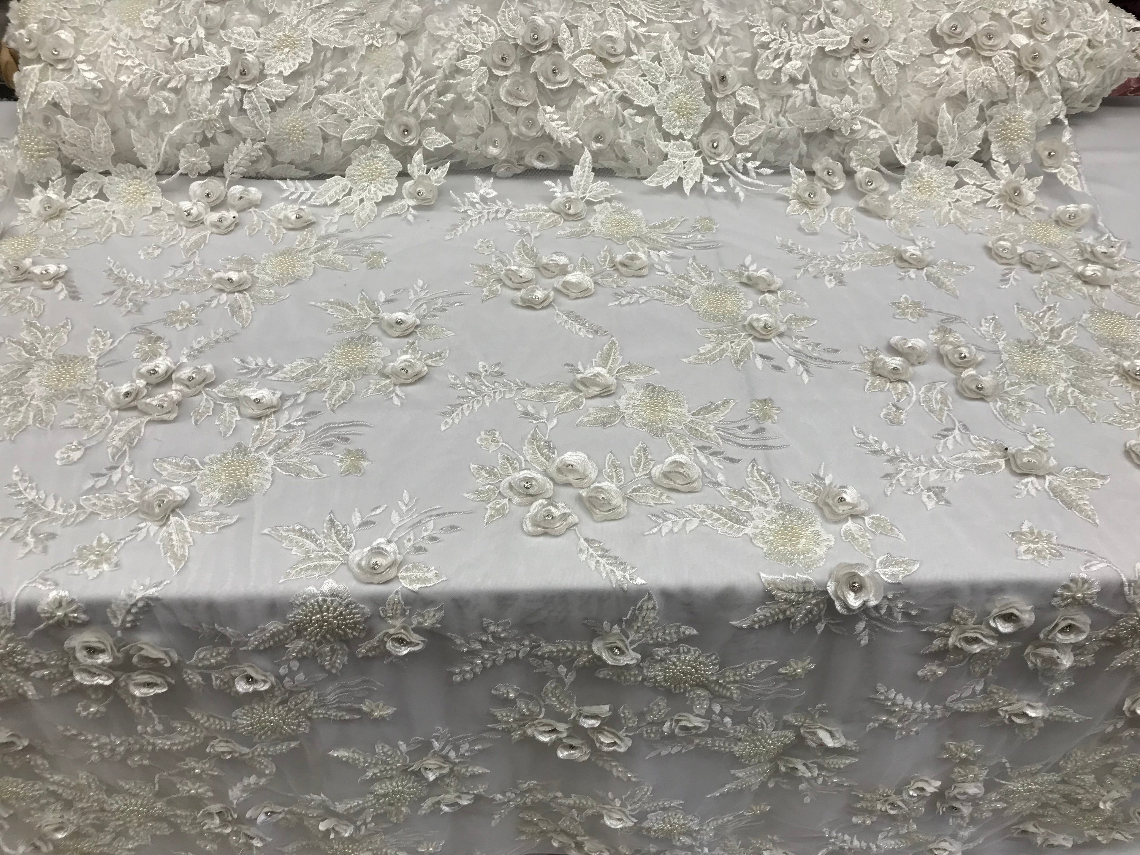 3D Flower Fabric - Ivory - Fancy Embroidered Mesh Sequins Fabric with Beads Sold By The Yard