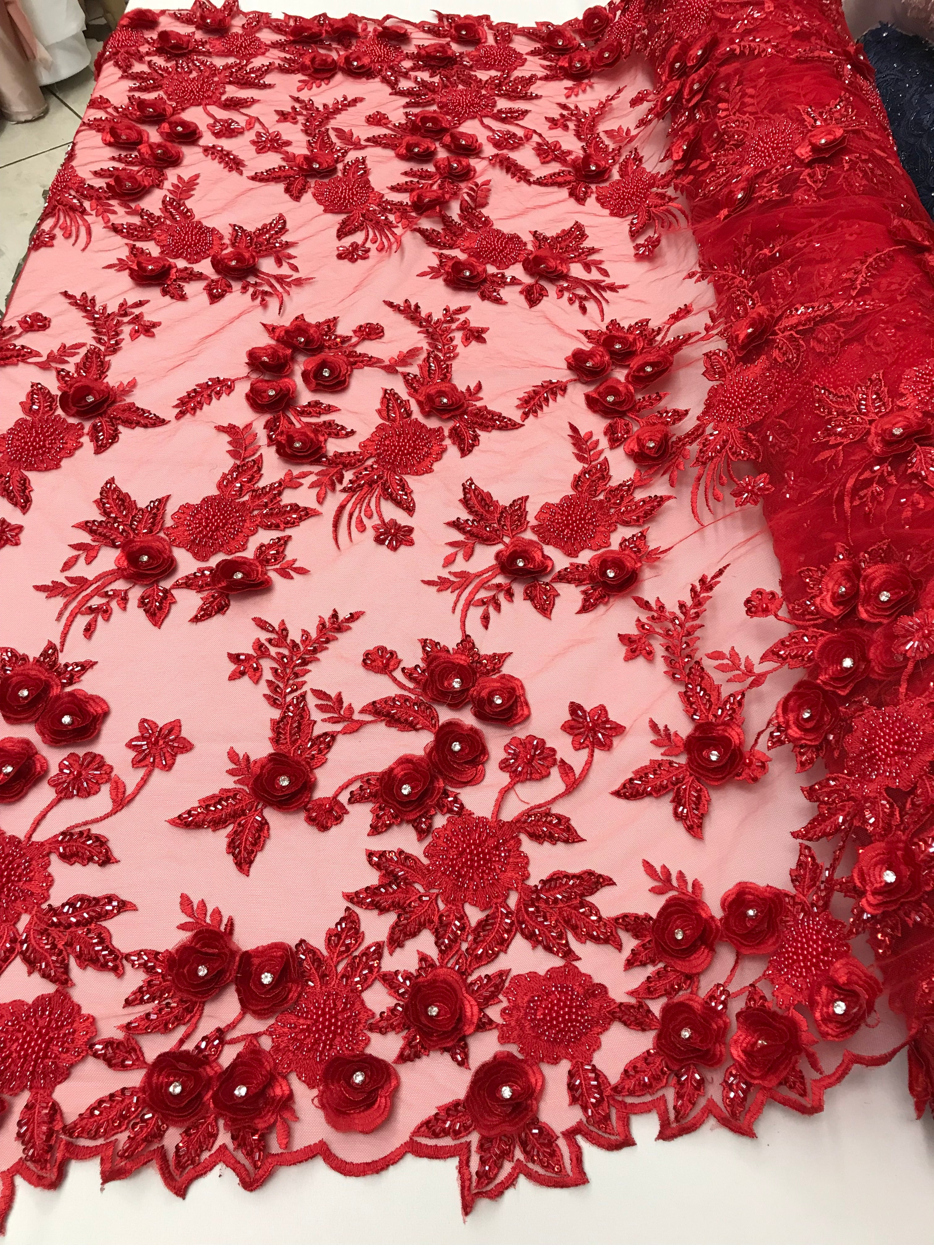 3D Flower Fabric - Red - Fancy Embroidered Mesh Sequins Fabric with Beads Sold By The Yard