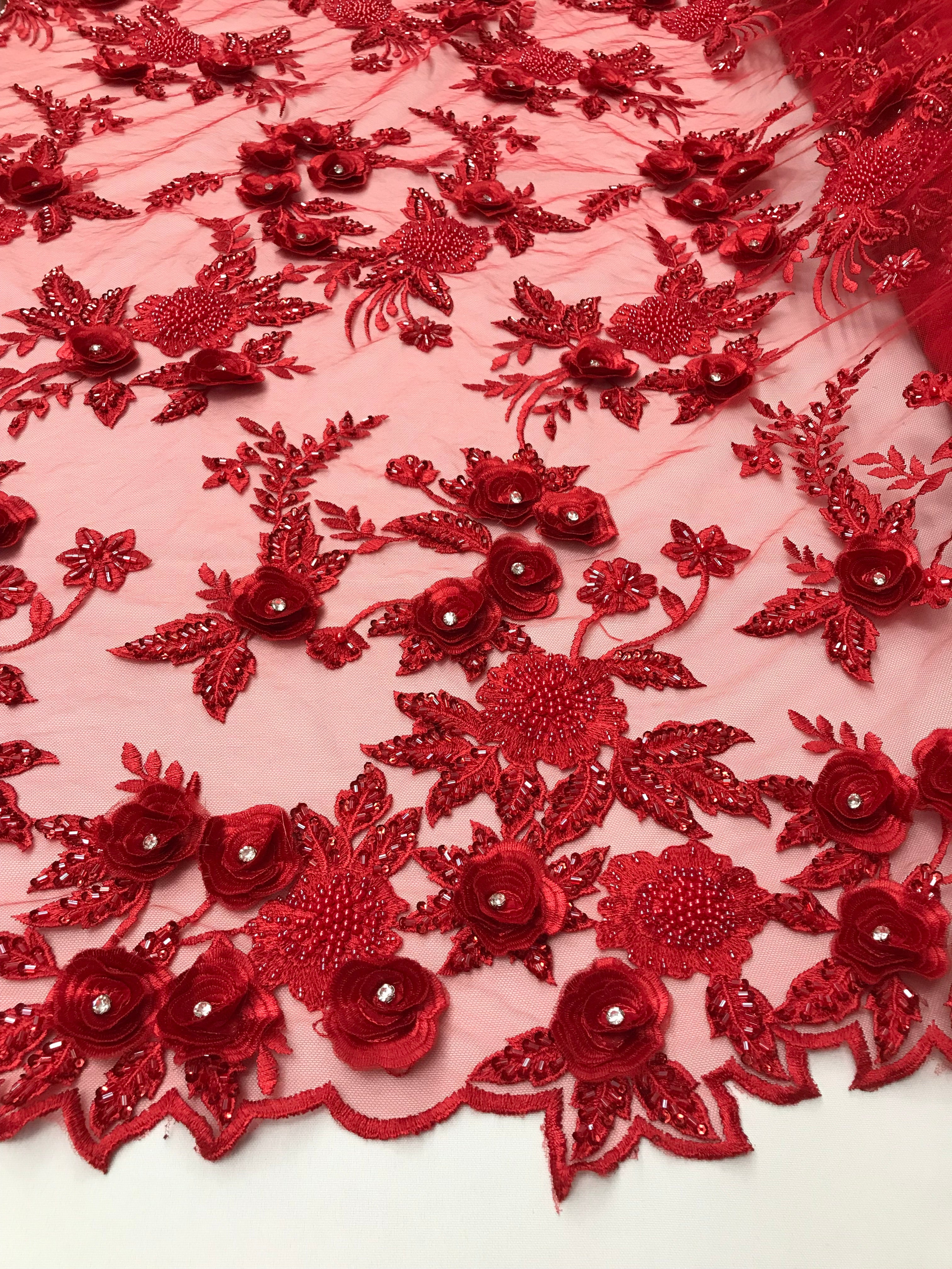 3D Flower Fabric - Red - Fancy Embroidered Mesh Sequins Fabric with Beads Sold By The Yard