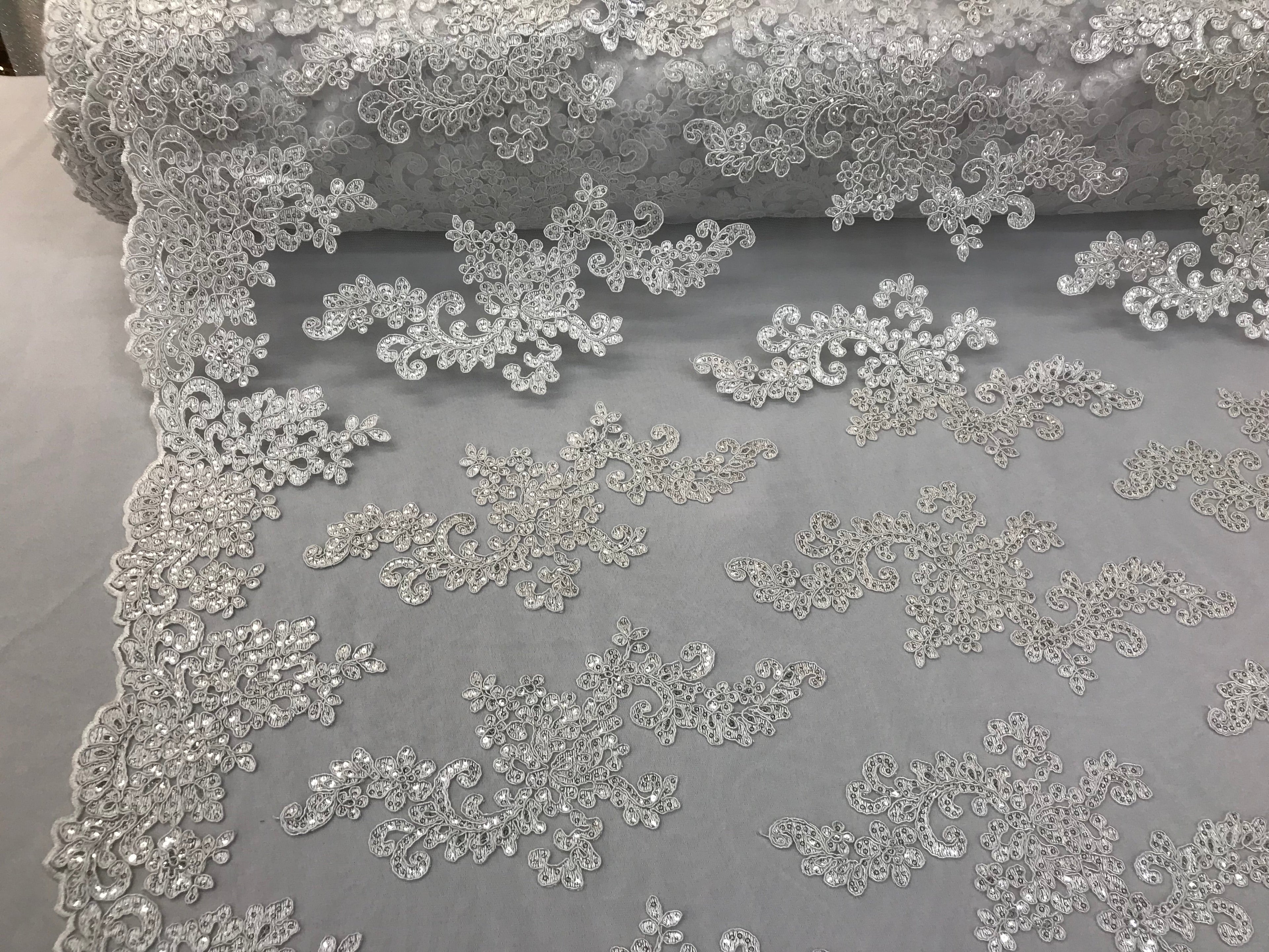 Lace Fabric - White - Flowers Embroidery Sequins Mesh Wedding Bridal Fabric Sold By The Yard