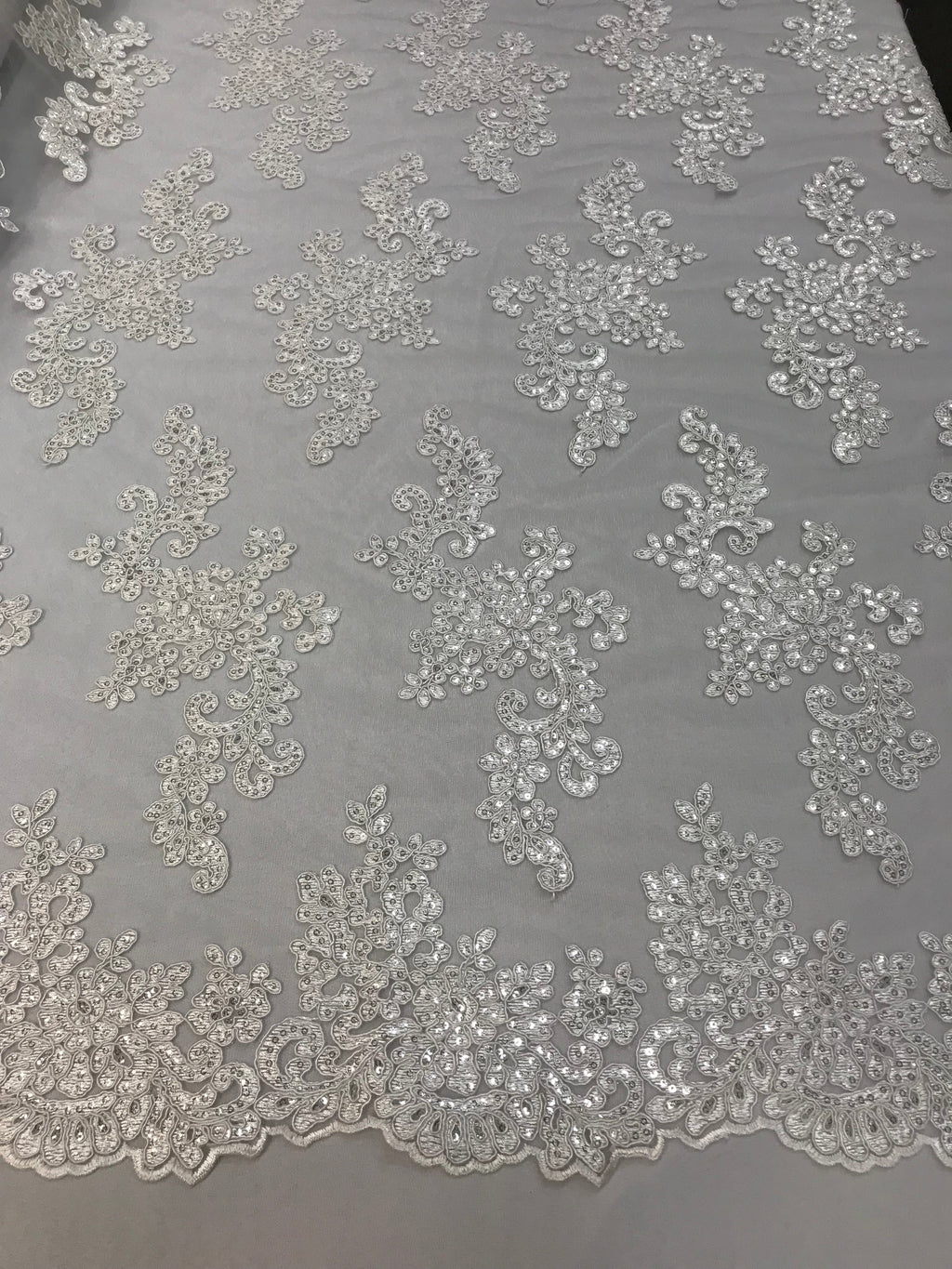 Lace Fabric - White - Flowers Embroidery Sequins Mesh Wedding Bridal Fabric Sold By The Yard