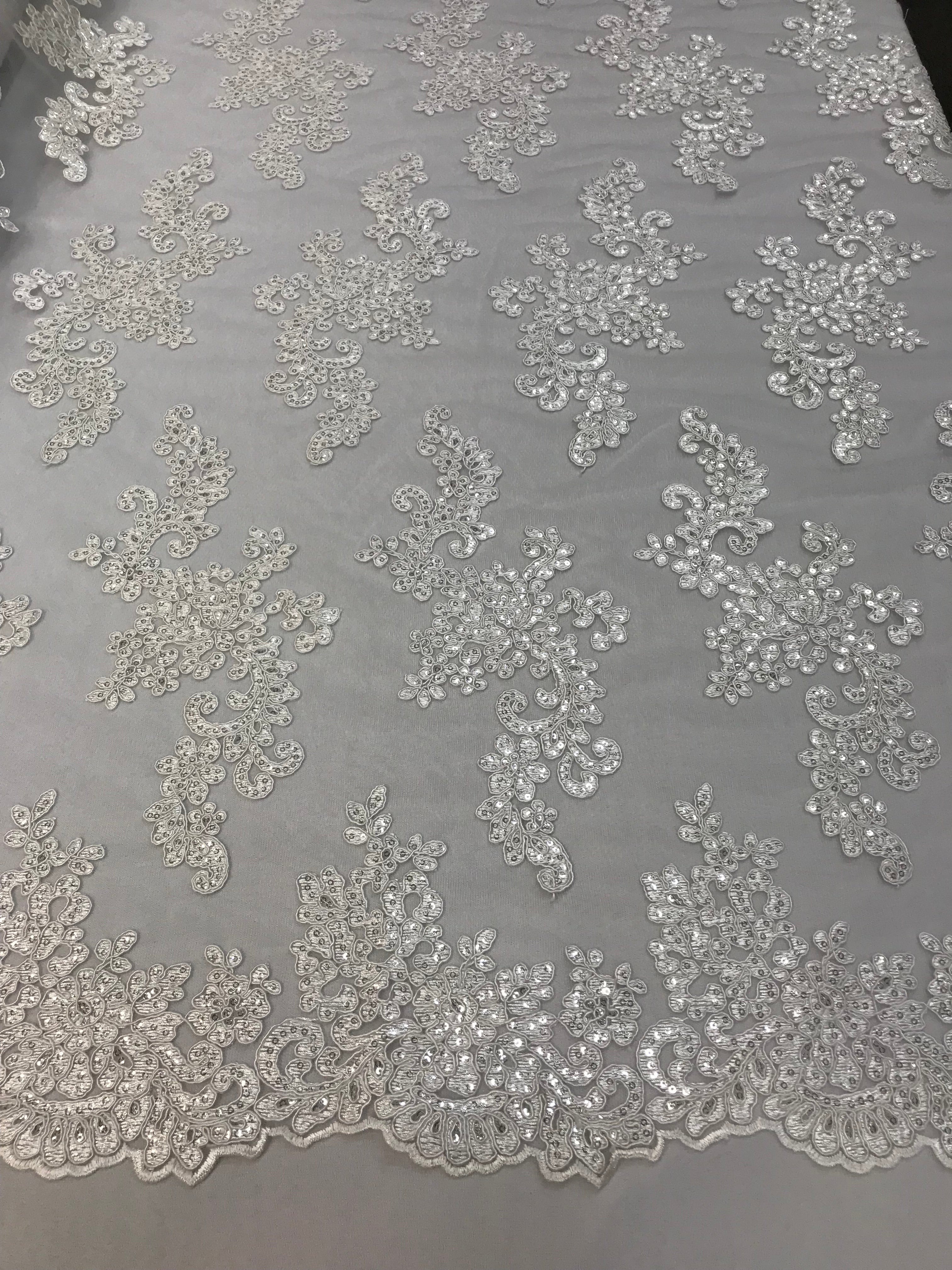 Lace Fabric - White - Flowers Embroidery Sequins Mesh Wedding Bridal Fabric Sold By The Yard
