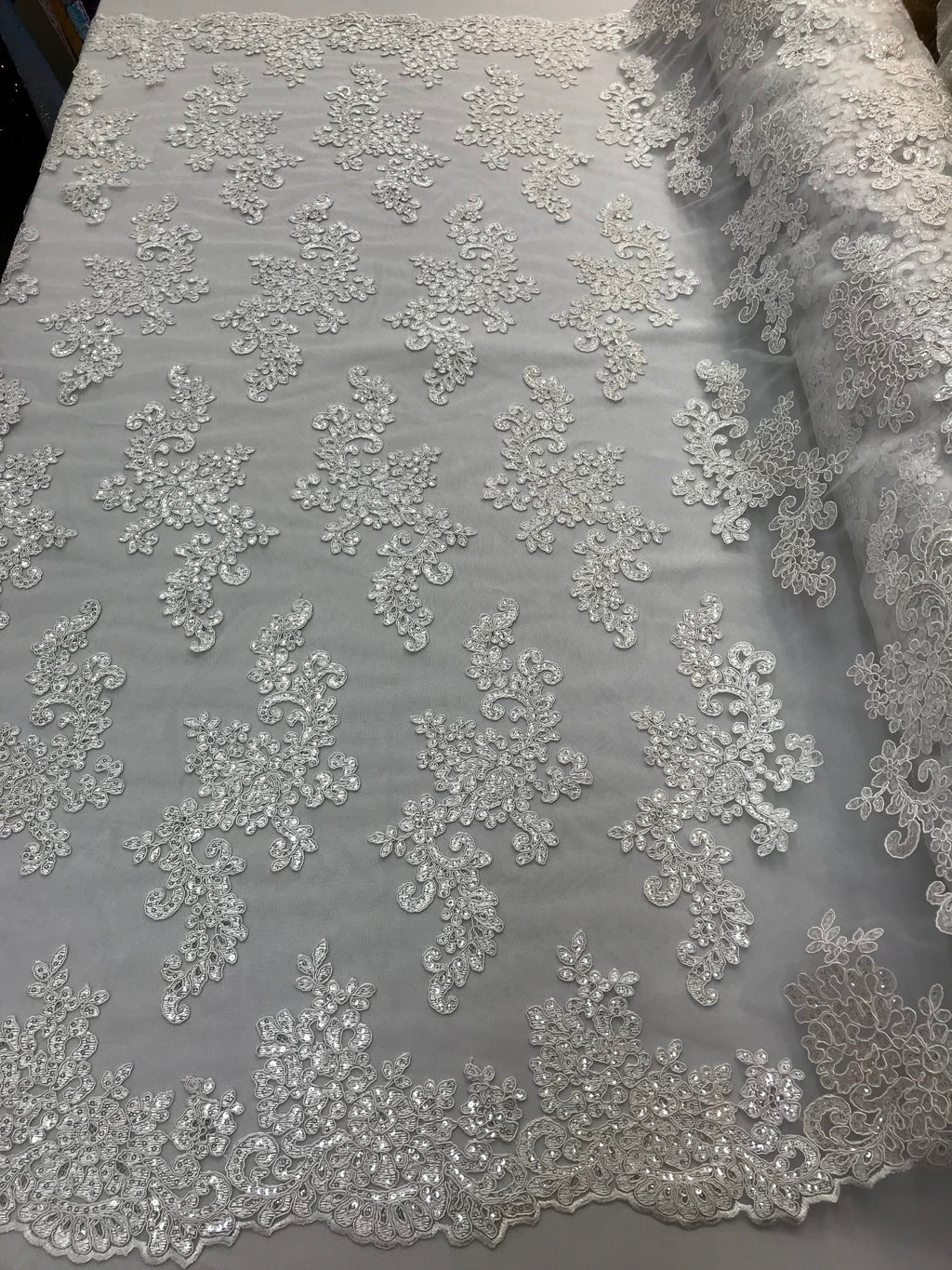 Lace Fabric - White - Flowers Embroidery Sequins Mesh Wedding Bridal Fabric Sold By The Yard