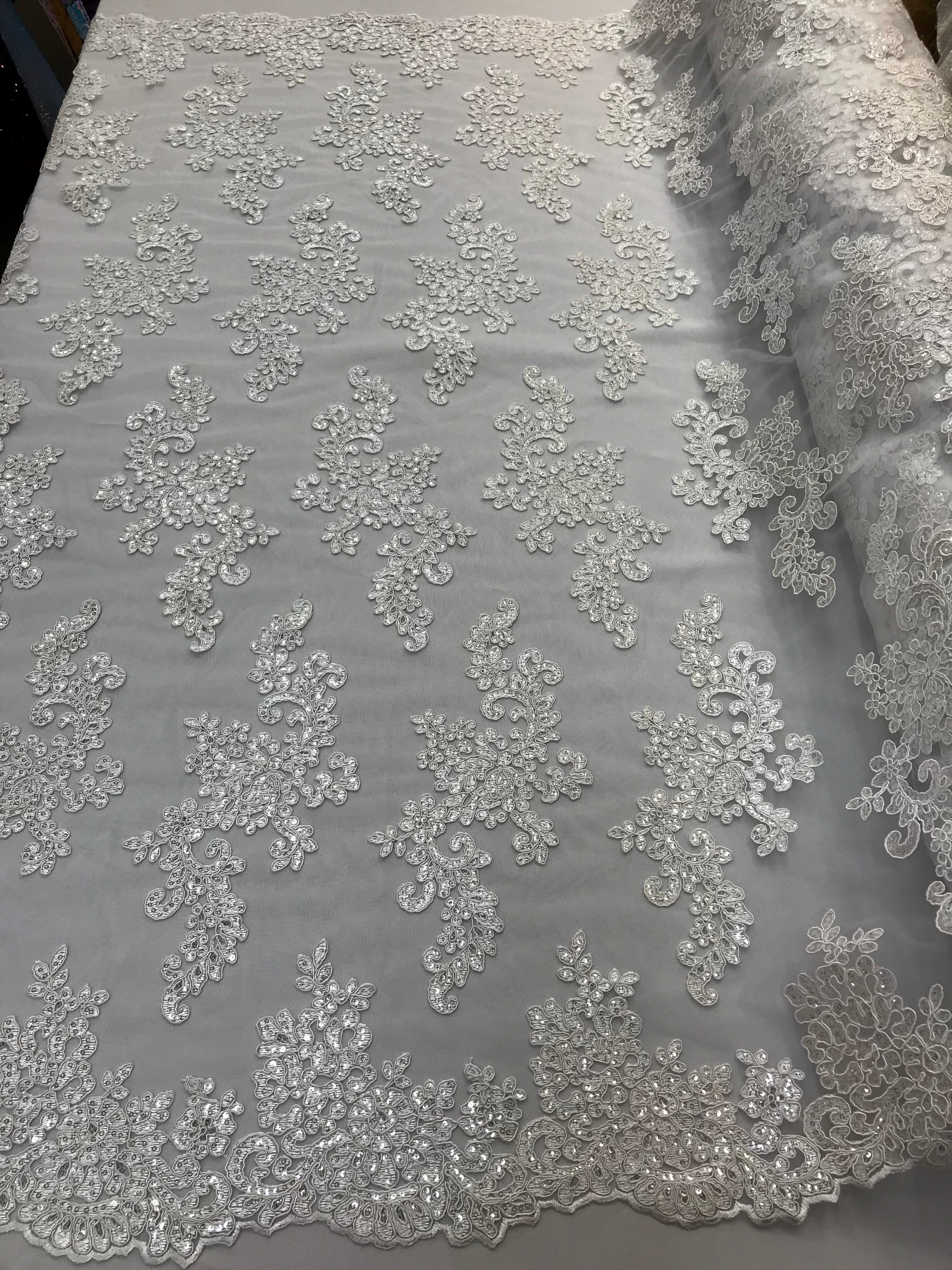 Lace Fabric - White - Flowers Embroidery Sequins Mesh Wedding Bridal Fabric Sold By The Yard