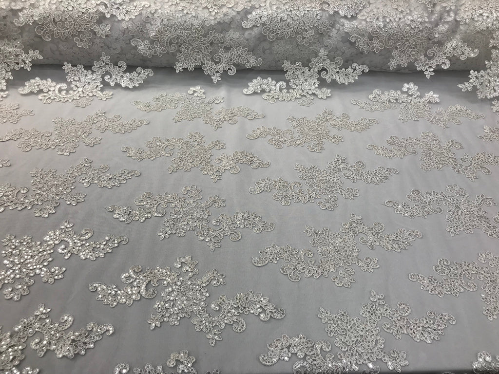 Lace Fabric - White - Flowers Embroidery Sequins Mesh Wedding Bridal Fabric Sold By The Yard